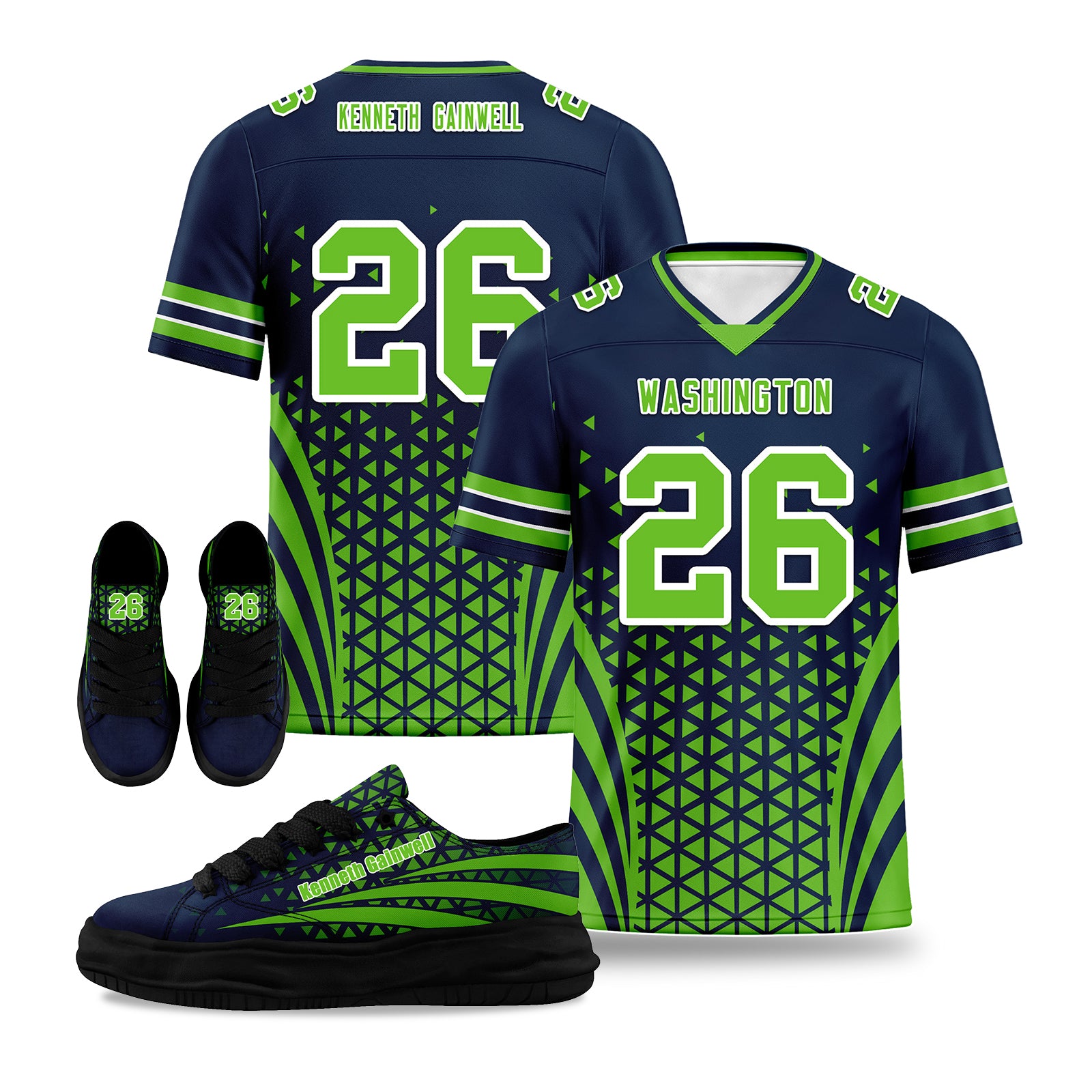Custom Blue & White Washington Football Jersey & Sports Shoes Combo - Personalized NFL Fan Gear for Games & Training - Perfect for Football Enthusiasts & Team Spirit