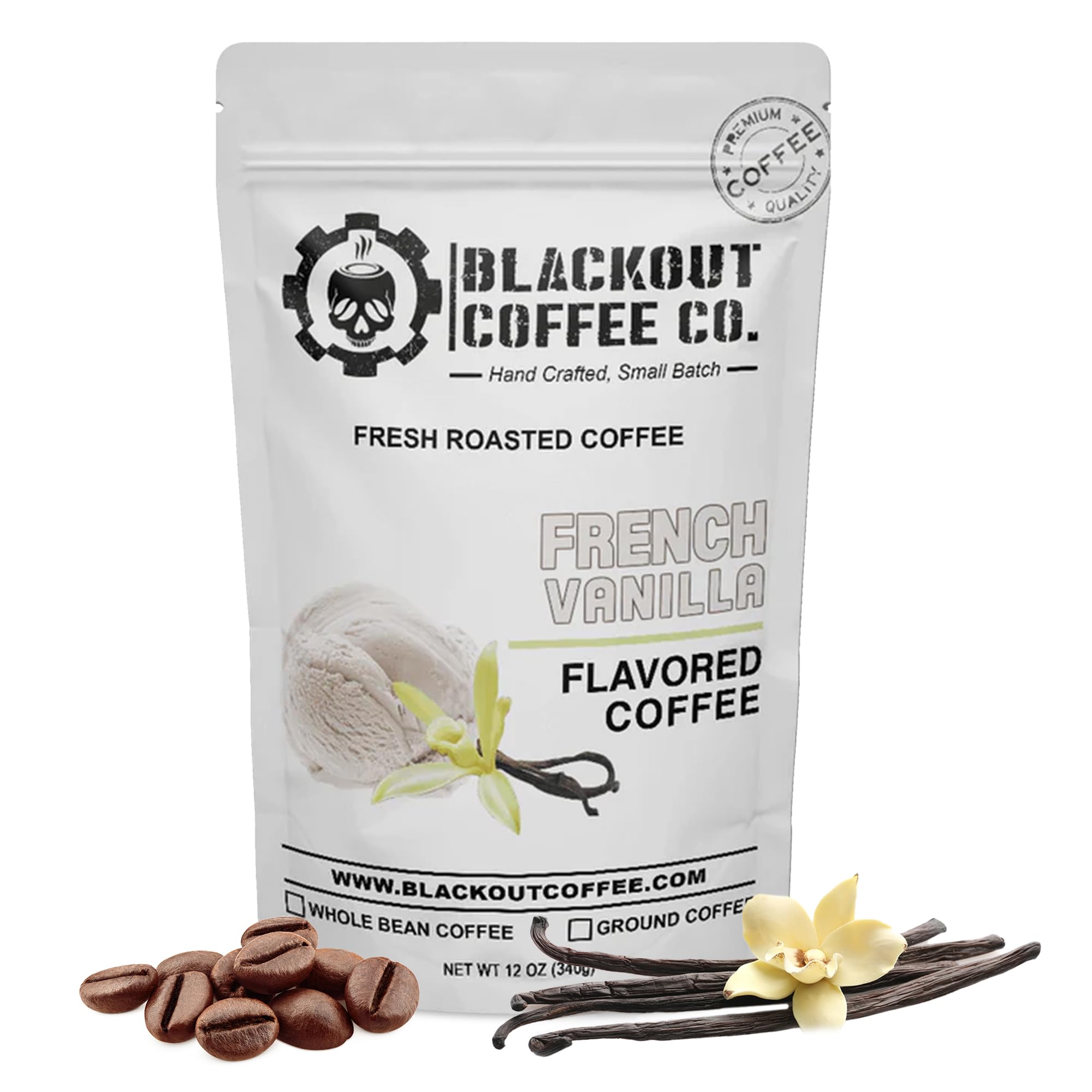 Premium Blackout Coffee French Vanilla Flavored Ground Coffee - Fresh Roasted in USA, 12 oz Pouch - Perfect for Morning Brew, Office Break & Cozy Evenings