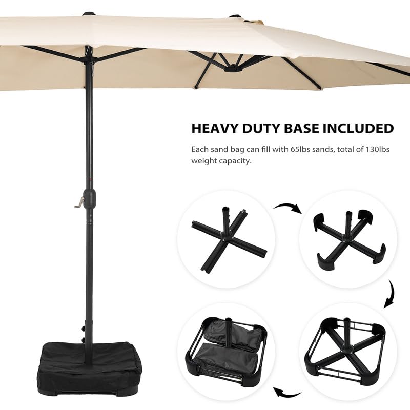 15ft Large Outdoor Patio Umbrella with Heavy Duty Base & Protective Cover - Double-Sided Sun Shade for Pool, Garden, Backyard, and Beach Relaxation