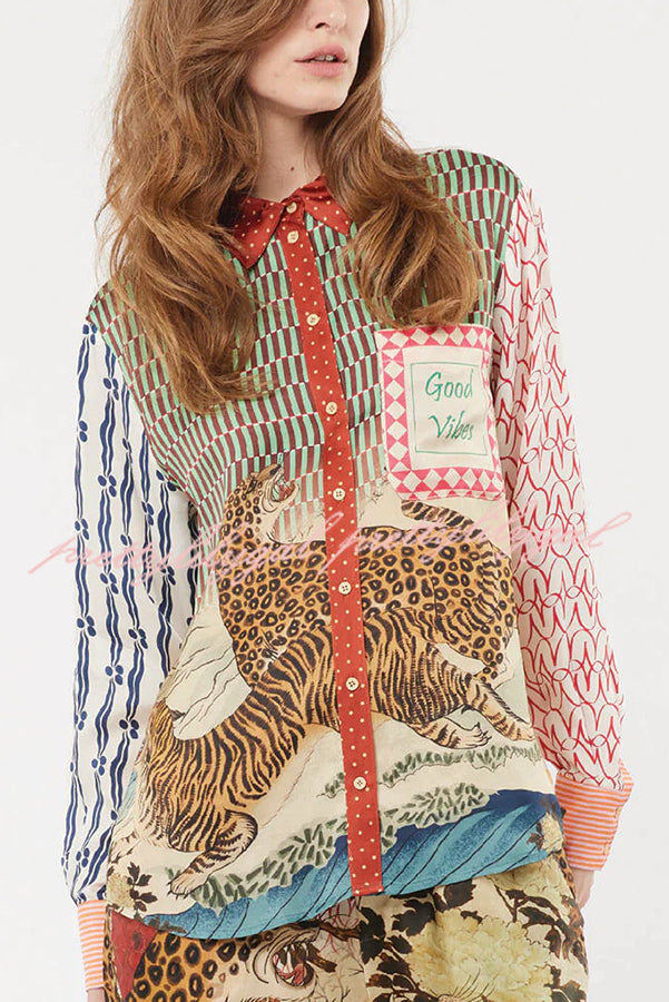 Tropical Jungle Tiger Print Long Sleeve Loose Shirt & Elastic Waist Pants Set - Stylish Animal Print Outfit for Women, Casual Wear, Vacation Outfits, and Street Fashion