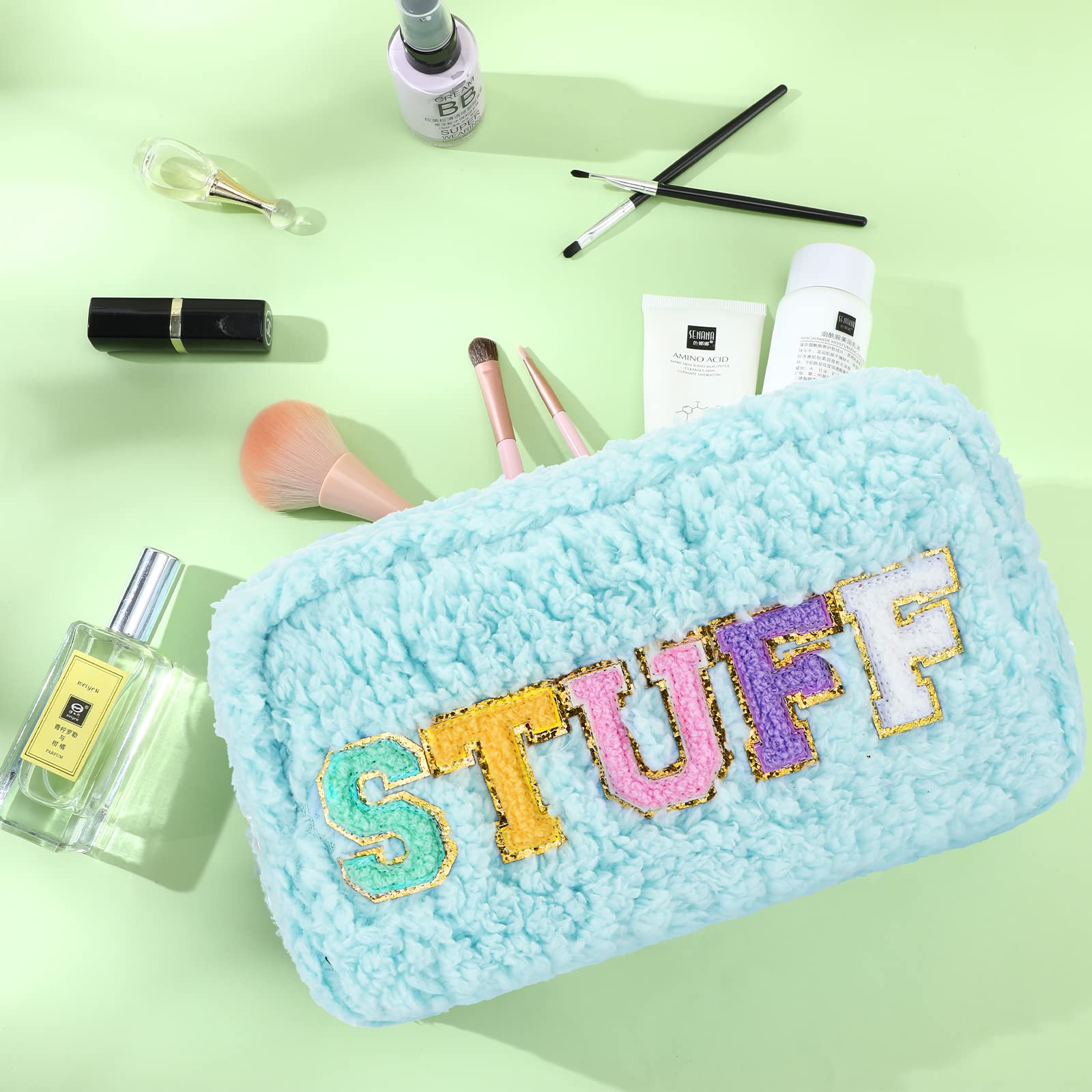 Soft Chenille Letter Cosmetic Bag - Small Portable Zippered Makeup Pouch for Women & Girls | Preppy Fleece Travel Organizer for Toiletries & Cosmetics (Blue) - Perfect for School, Gym, and Vacation