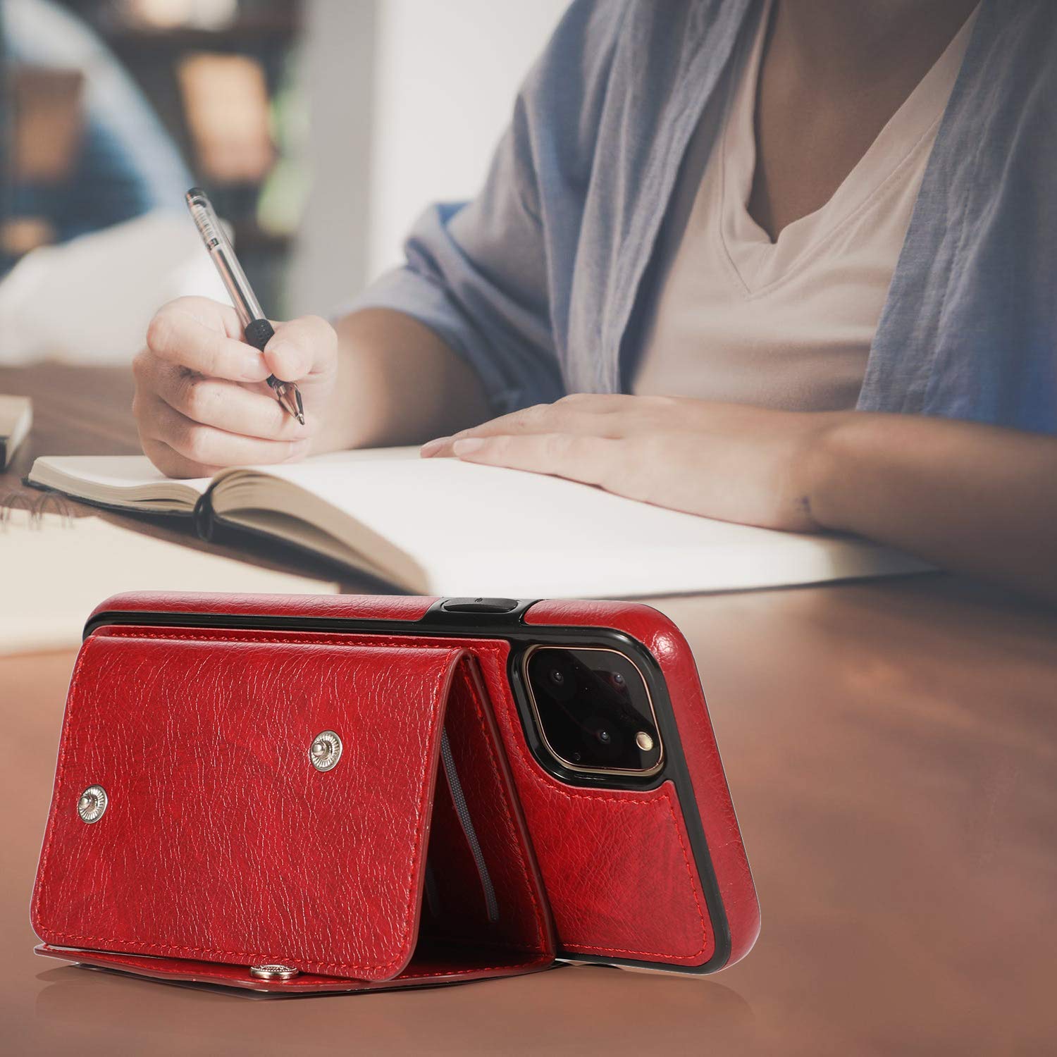Premium PU Leather iPhone 11 Pro Max Wallet Case with Card Holder Slot - Crossbody Neck Strap & Wrist Strap Included - Protective Credit Card Holder Phone Cover (Red) - Perfect for Travel, Shopping & Everyday Use