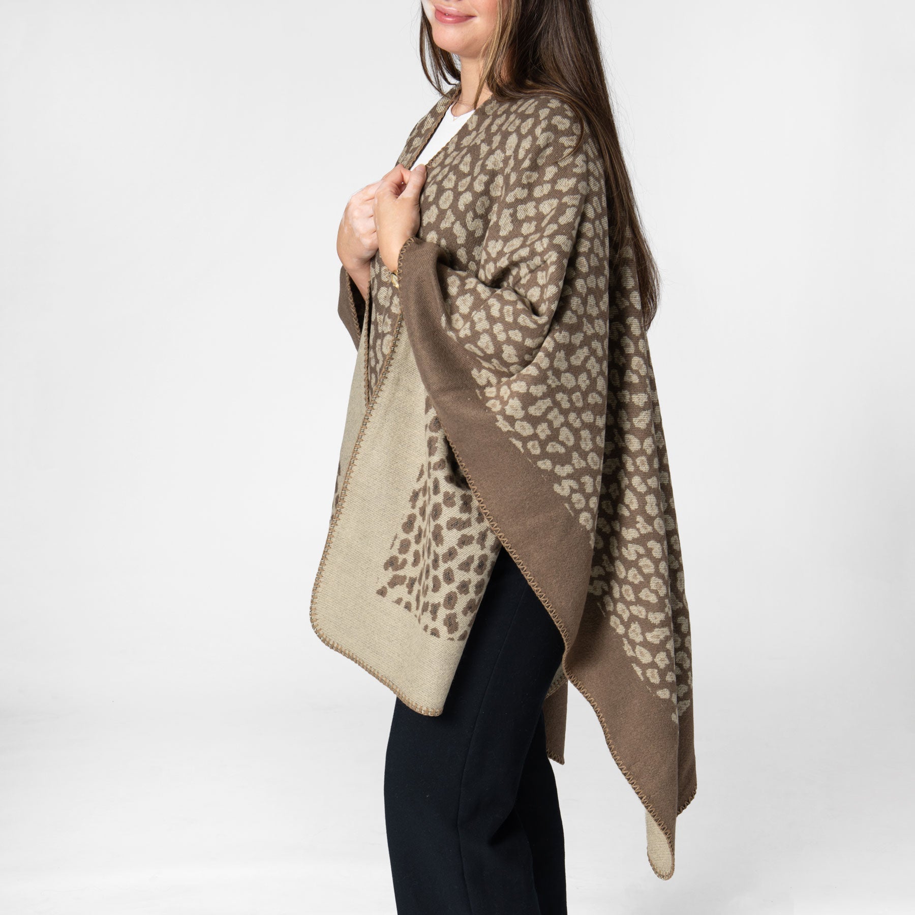 Marybeth Women's Jacquard Leopard Print Open Front Poncho Shawl - Stylish Cover-Up for Fall, Winter & Outdoor Activities