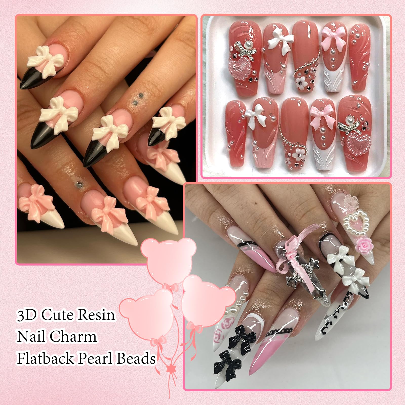 300Pcs Red Bowknot & White Half Pearl Nail Charms - 3-5mm Flatback Pearls & 3D Cute Bow Nail Decorations for Acrylic Nails, DIY Nail Art Jewelry - Perfect for Manicures, Bridal Nails, and Party Nail Designs