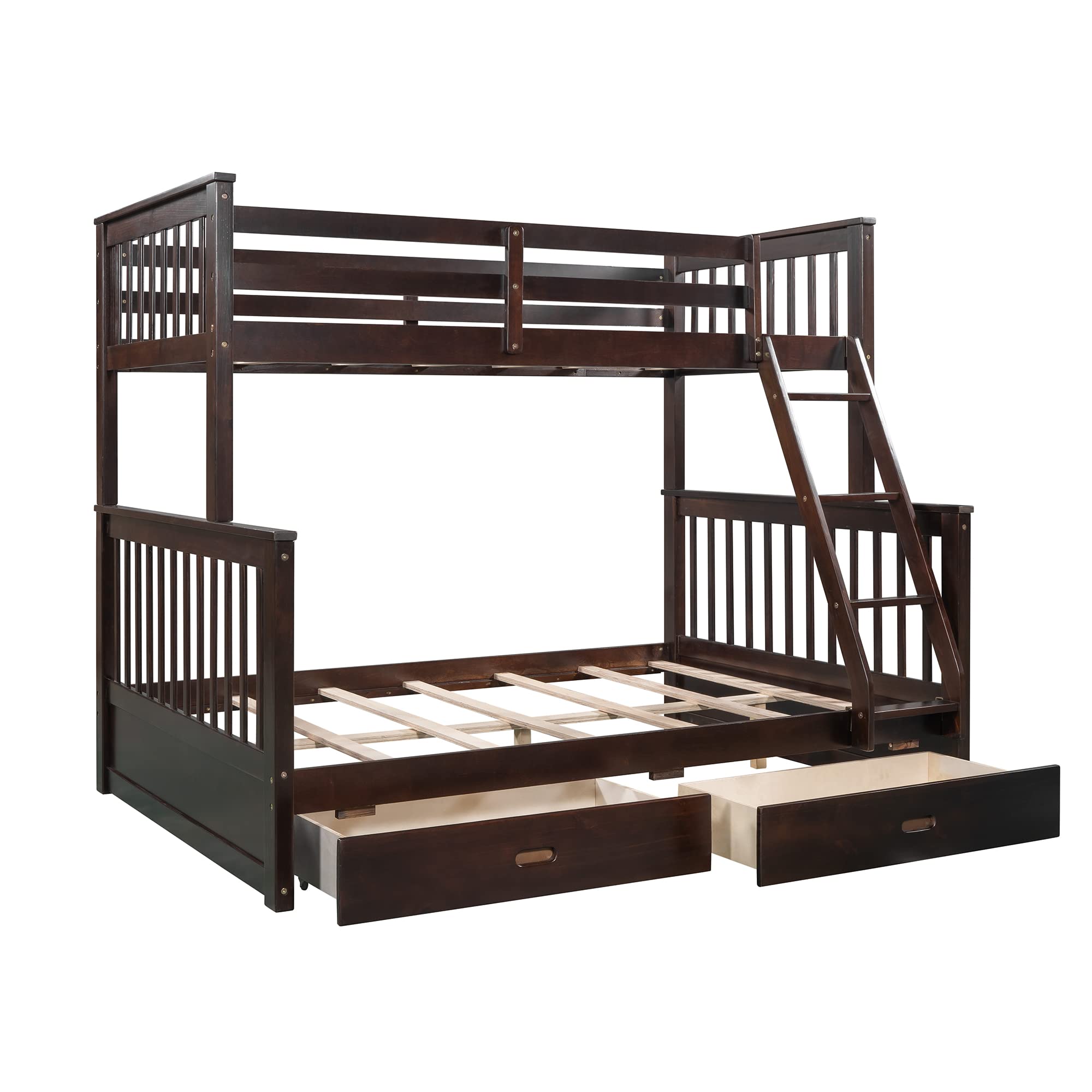 Solid Wood Twin Over Full Bunk Bed with 2 Storage Drawers - Sturdy Bunk Bed Frame with Guardrails & Ladder for Kids, Teens & Adults - No Box Spring Needed (Espresso) - Perfect for Small Rooms, Guest Rooms & Vacation Homes