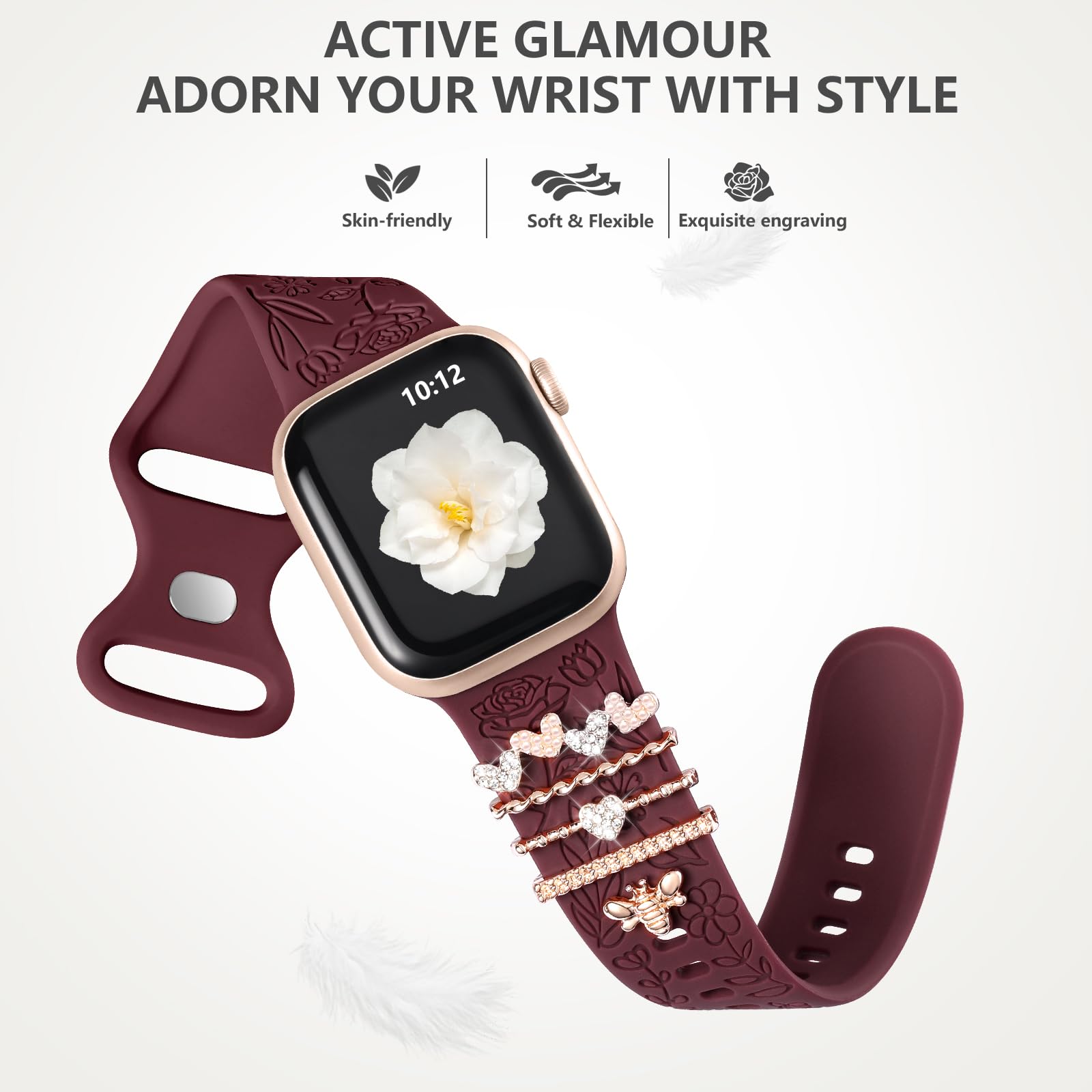 DaQin Floral Engraved Apple Watch Band - Soft Silicone Strap with Charms for Women - Compatible with iWatch Series 9/8/7/6/5/4/3/2/1/SE (38mm 40mm 41mm 42mm 44mm 45mm) - Perfect for Workouts, Office Wear & Everyday Fashion Accessory