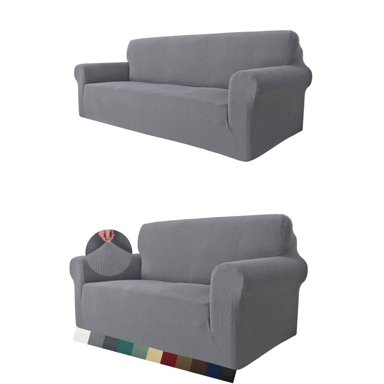 MAXIJIN 1-Piece Sofa Cover + 1-Piece Loveseat Cover Set in Light Gray - Stretchable Furniture Protector for Living Room, Bedroom & Office