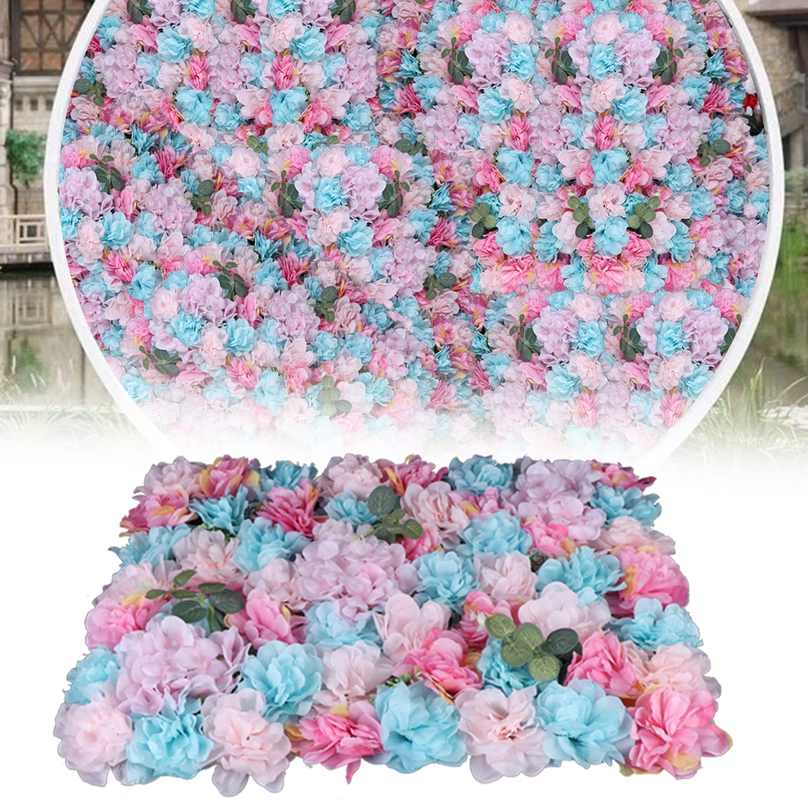 Gdrasuya10 12-Pack Artificial Silk Flower Wall Panels - 15.75 x 23.62 Inches Pink & Blue Wedding Backdrop for Photography, Venue Decor, Hanging Baskets, Garden Arch & Room Wall Decoration | Indoor/Outdoor Party & Event Decorations