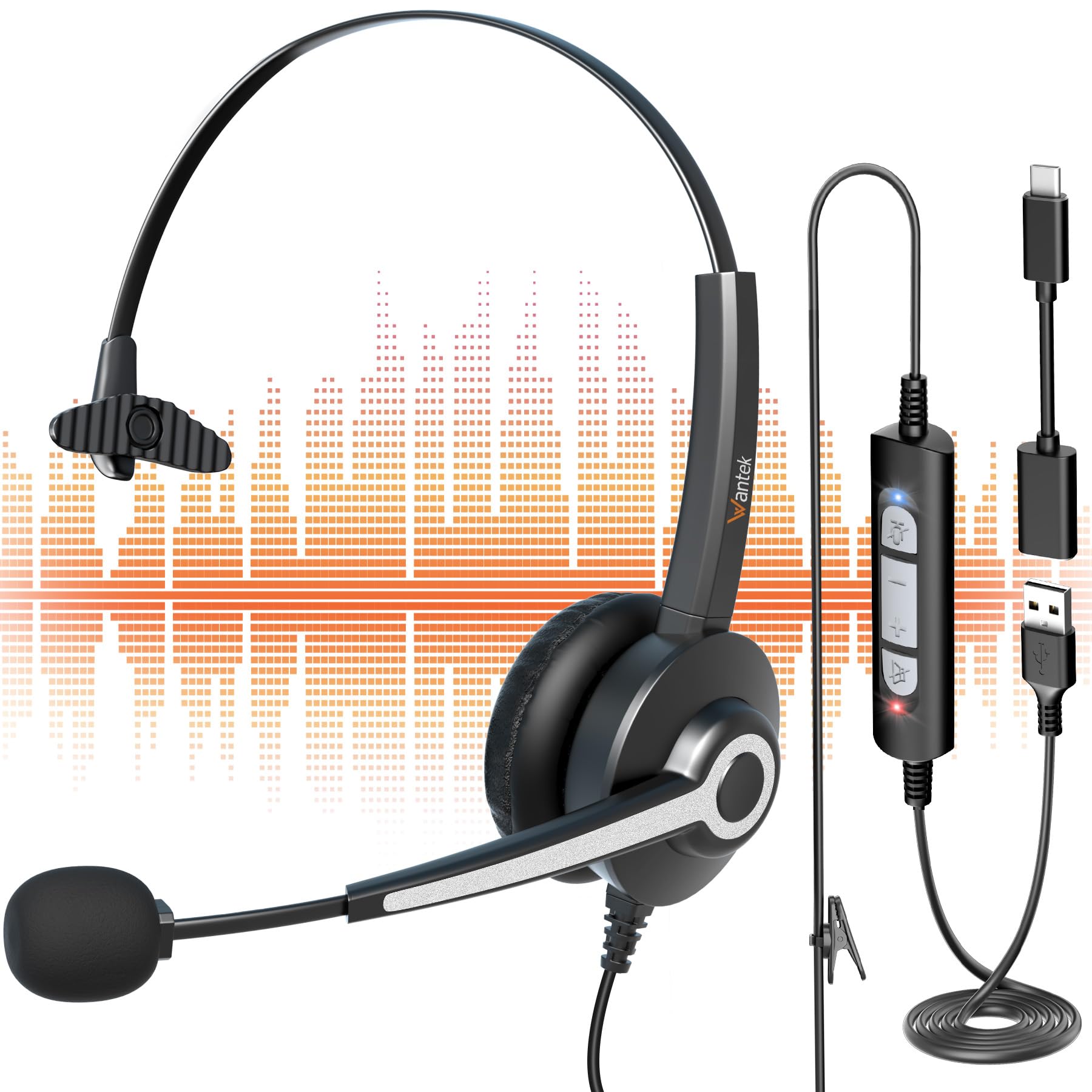 Wantek USB Headset with Microphone - Noise Cancelling Computer Headset for Laptop, PC, Call Center & Office - Adjustable Mic for Skype, Zoom, Online Chat & Gaming (USB Type-C Jack) - Perfect for Remote Work, Virtual Meetings & Customer Service