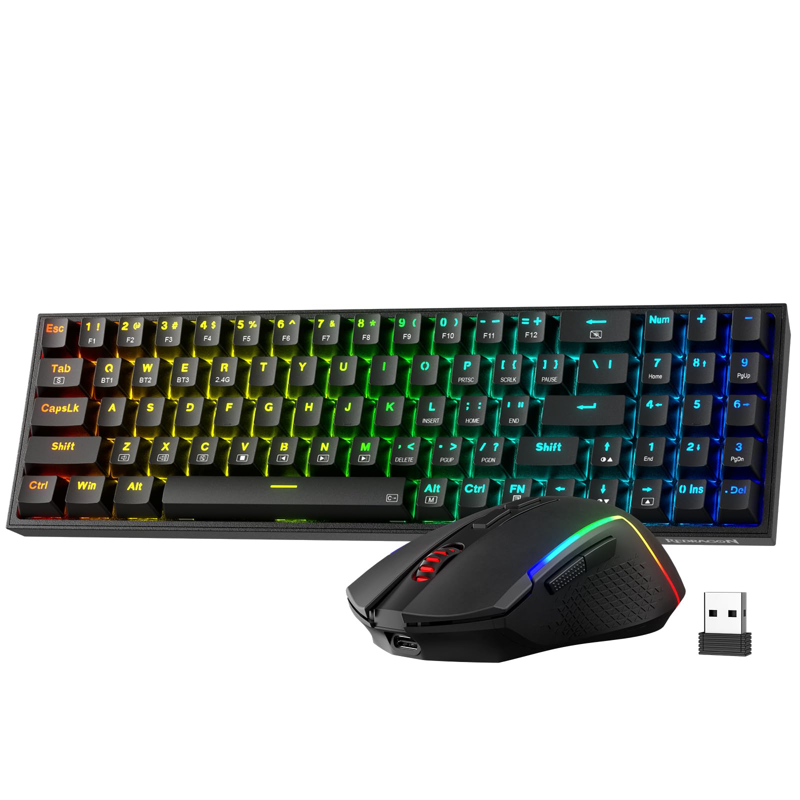 Redragon S136 Wireless Gaming Keyboard & Mouse Combo - 75% K628 Tri-Mode RGB Mechanical Keyboard with 7200 DPI Wireless Gaming Mouse, Shared USB Dongle | Perfect for PC Gaming, Esports & Home Office Setup