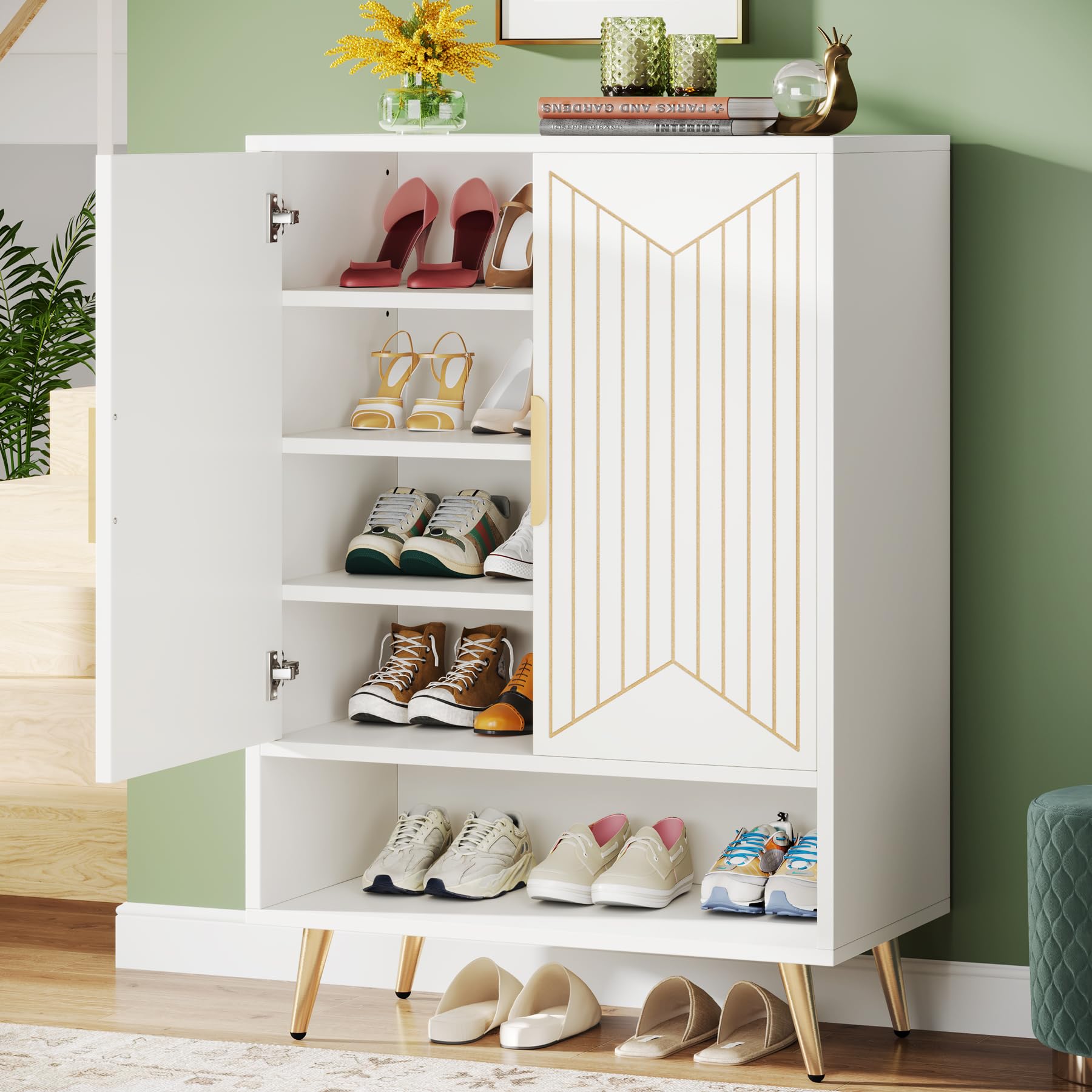Tribesigns 6-Tier Wooden Shoe Storage Cabinet with Adjustable Shelves & Doors - Holds 25 Pairs of Shoes - Entryway, Hallway, Closet & Living Room Organizer (White) - Perfect for Small Spaces & Home Organization