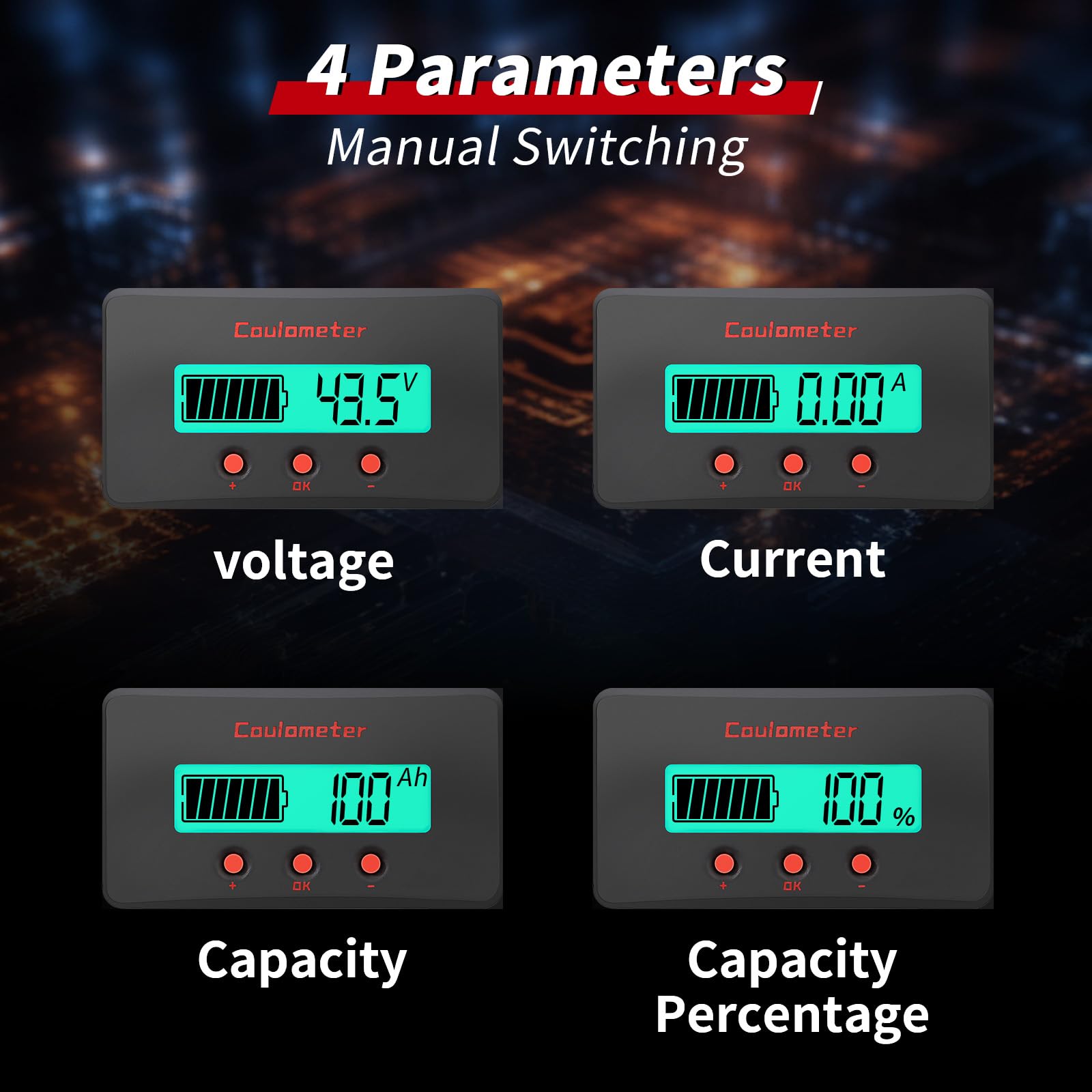 DROK DC Multi Tester 8-120V 100A - Wide Angle Curved Screen Volt Amp Meter with Shunt | Battery Capacity Monitor for 12V 24V 36V 48V 110V | Includes 0.5m USB Cable | Perfect for Marine, Car, RV, Solar & Off-Grid Power Systems