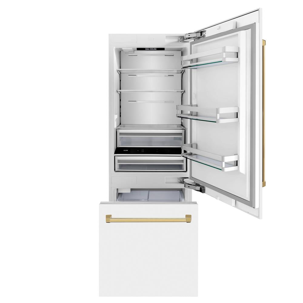 ZLINE Autograph Edition 30 Inch Built-In Bottom Freezer Refrigerator - 16.1 cu.ft Capacity, Water Dispenser & Ice Maker - White Matte Finish with Polished Gold Accents (RBIVZ WM 30 G) | Perfect for Modern Kitchens & Luxury Homes