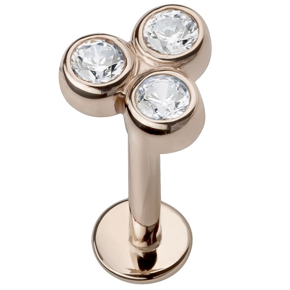 FreshTrends 3 Stone Cubic Zirconia 14K Rose Gold Labret Lip or Tragus Earrings - Perfect for Piercing Jewelry, Body Art & Special Occasions