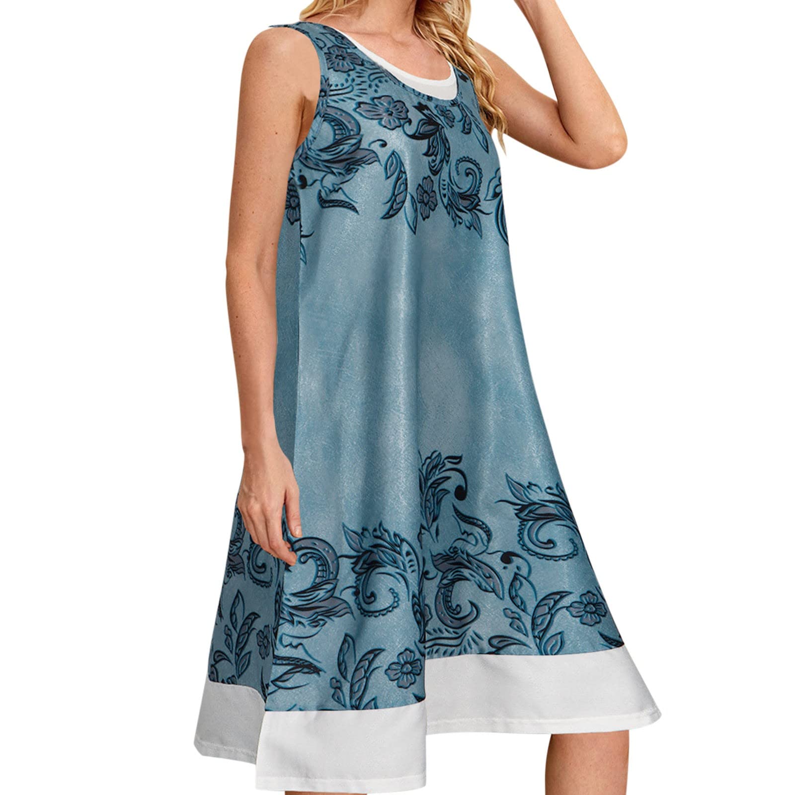 Women's Spring & Summer Sleeveless Floral Swing Dress - Round Neck Loose Waist Casual Sundress for Beach, Vacation & Outdoor Activities