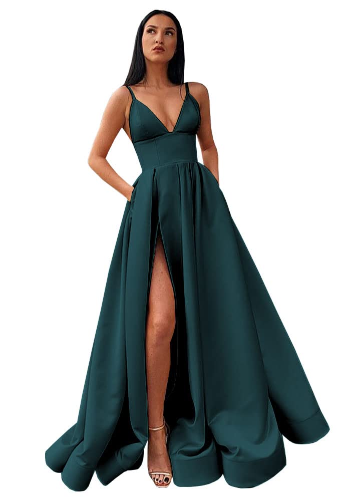 POMUYOO Women's V-Neck Satin Prom Dress Long Ball Gown with Pockets & Side Slit - Elegant Formal Evening Gown for Homecoming, Wedding Guest, Cocktail Party