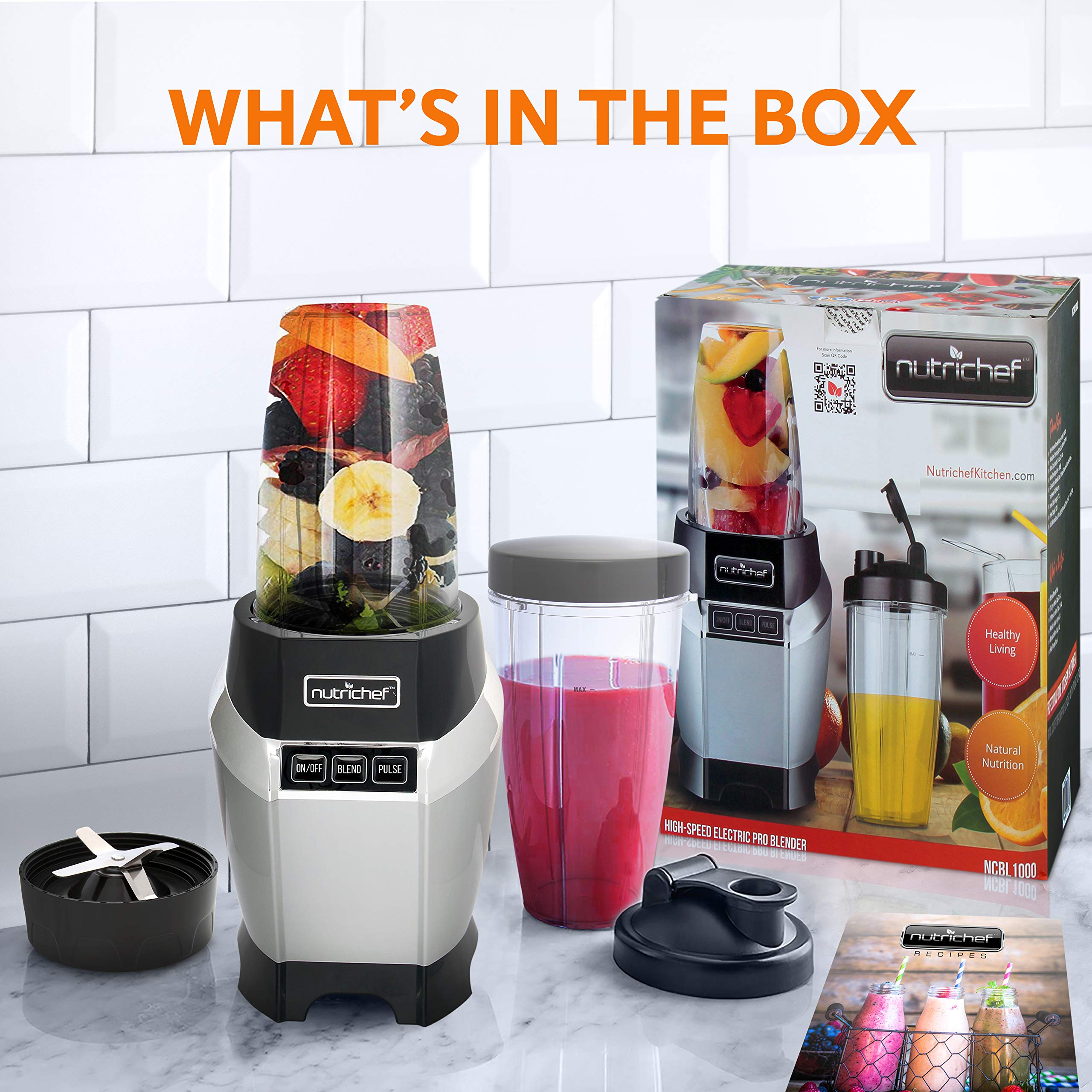 NutriChef NCBL1000.5 Personal Electric Blender - 20 & 24 Oz Portable Single Serve Mini Blender for Smoothies, Shakes & Protein Drinks | Pulse Function, Leak-Proof Lid | Compact Countertop Blender for Kitchen, Office & Travel