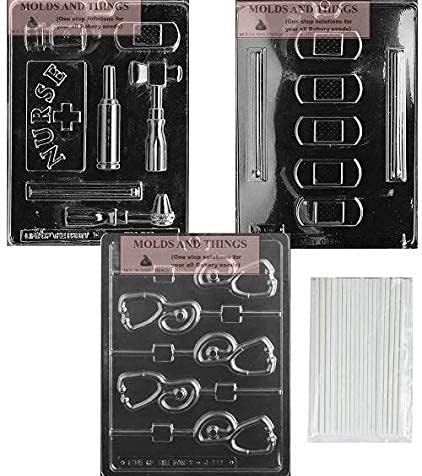 NURSE Chocolate Candy Mold Kit - Stethoscope, Lolly, Bandaid & Thermometer Shapes - Includes 50 Sticks & Copyrighted Molding Instructions - Perfect for Nursing Graduation, Medical Themed Parties & DIY Candy Making