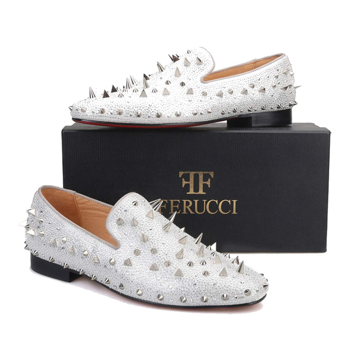 FERUCCI Men's Silver Spiked Loafers with Crystal Rhinestones - Stylish Comfort for Casual Wear & Evening Events
