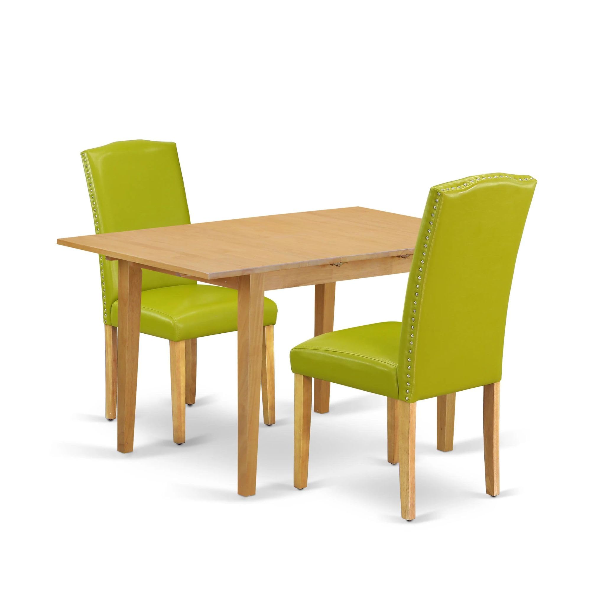 East West Furniture 3 Piece Dining Room Table Set with Butterfly Leaf - 32x54 Inch Oak Rectangle Kitchen Table & 2 Autumn Green Faux Leather Parsons Chairs - Perfect for Small Spaces, Breakfast Nooks & Cozy Family Meals