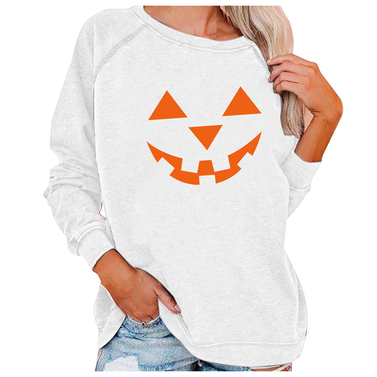Women's Halloween Pumpkin Print Long Sleeve Sweatshirt - Lightweight Casual Pullover Top for Fall Fashion & Spooky Season Outfits