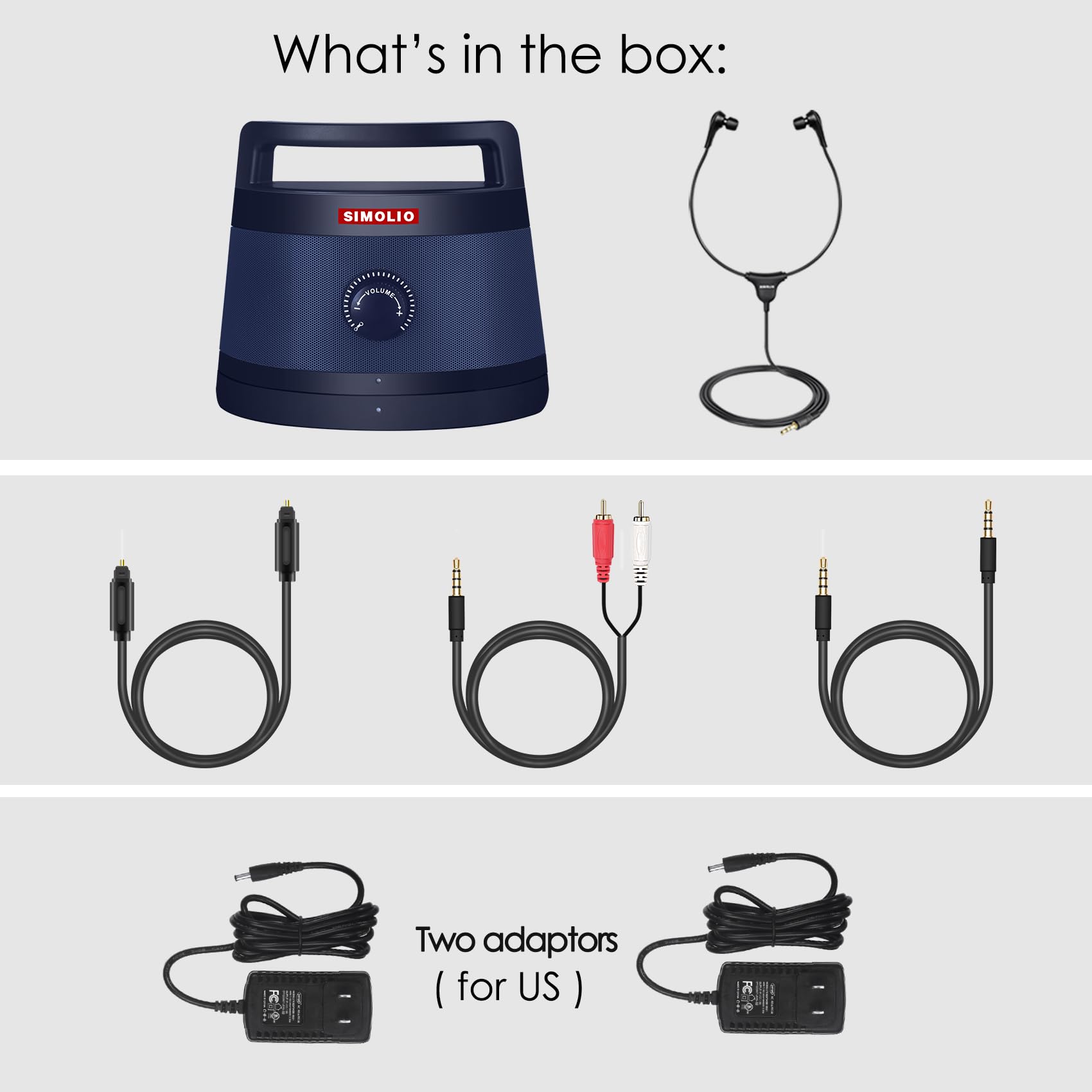 Simolio Wireless TV Speakers with Clear Dialogue, Adjustable Treble & Bass - Ideal for Hard of Hearing & Seniors | Portable Bluetooth Speaker for Smart TV, PC, Laptop | Supports Optical/RCA/AUX Input | Includes Headphones & Adapters | Perfect for Home Theater, Bedroom & Elderly Care