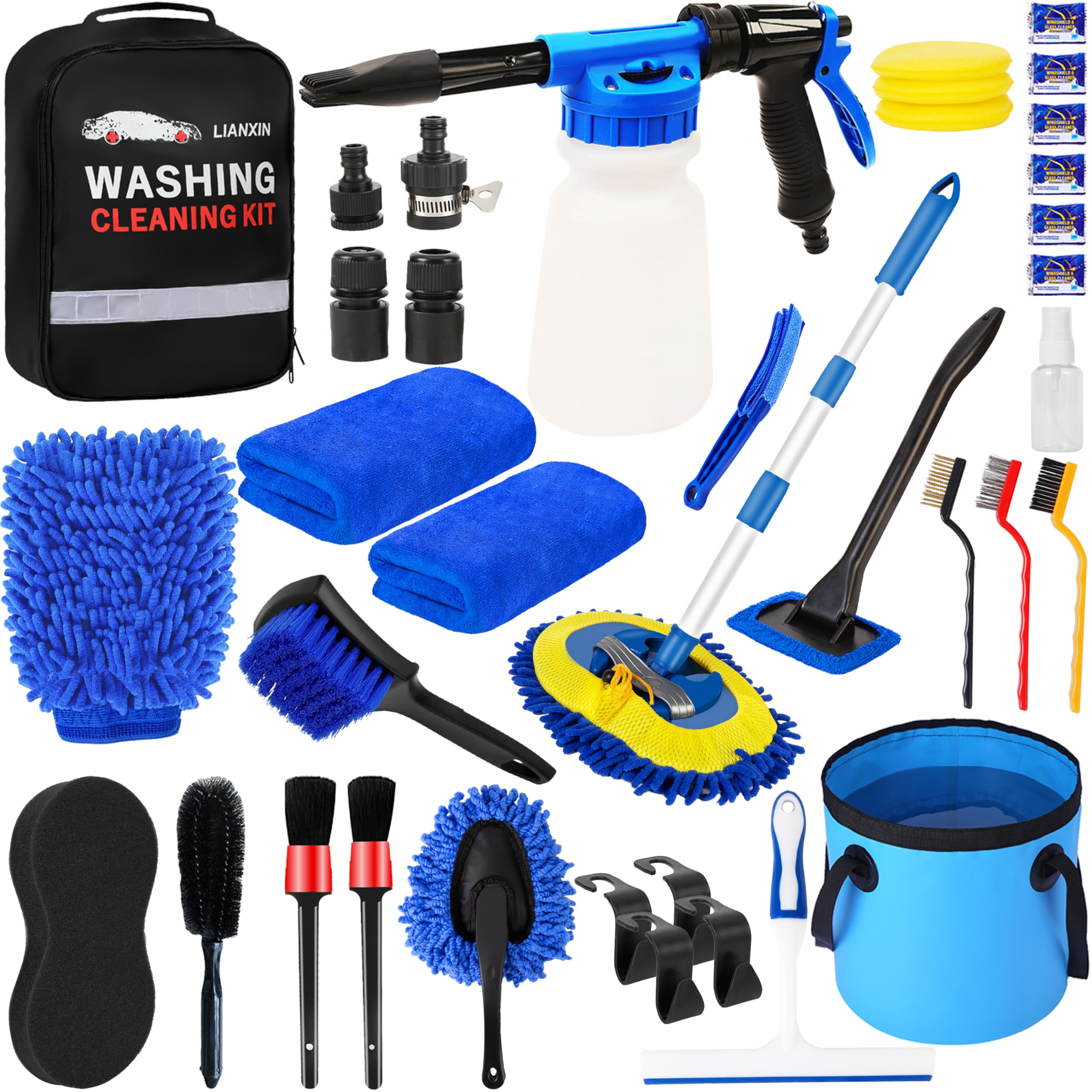 37Pcs Car Wash Detailing Kit with Foam Gun, Sprayer, Long Handle Brush, Foldable Bucket, Towels & Tire Brush - Complete Auto Cleaning Tools for Car Detailing, Washing & Maintenance (Perfect for Home, Professional & Mobile Car Wash)