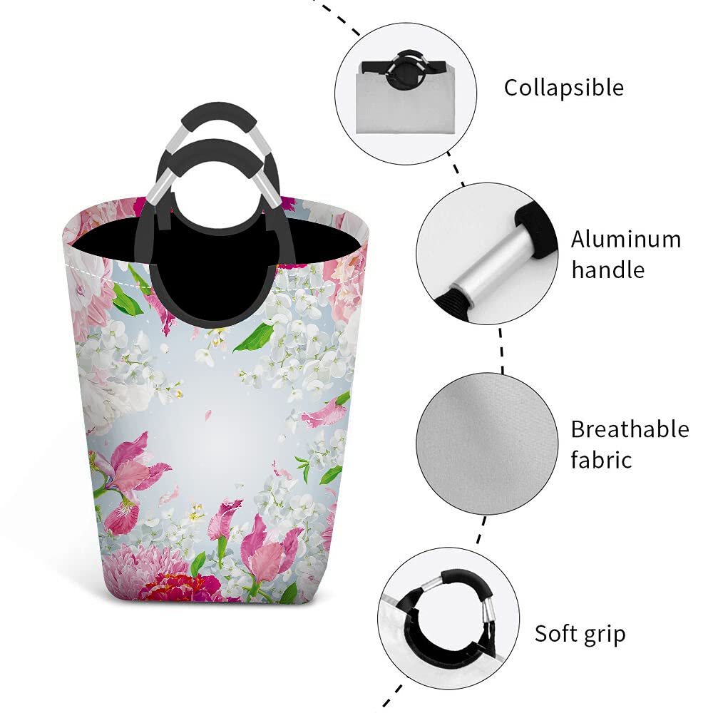 Floral Print Laundry Hamper Basket with Handles - Woven Clothes Organizer for Bedroom, Nursery, or Playroom | Perfect for Toys, Blankets & Clothing Storage | Chrysanthemum Iris Hydrangea Peony Apple Blossom Design
