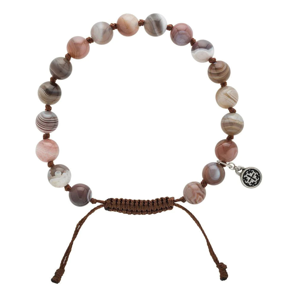 Botswana Agate Beaded Bracelet for Men - Healing Stone Mala Beads with Mantra - Spiritual Jewelry for Meditation, Yoga & Positive Energy