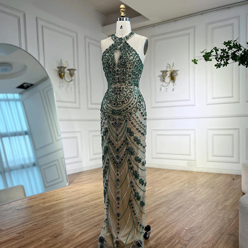 Elegant Blue Halter Neck Crystal Beaded Evening Gown LA72760 - Perfect for Prom, Gala, and Formal Events
