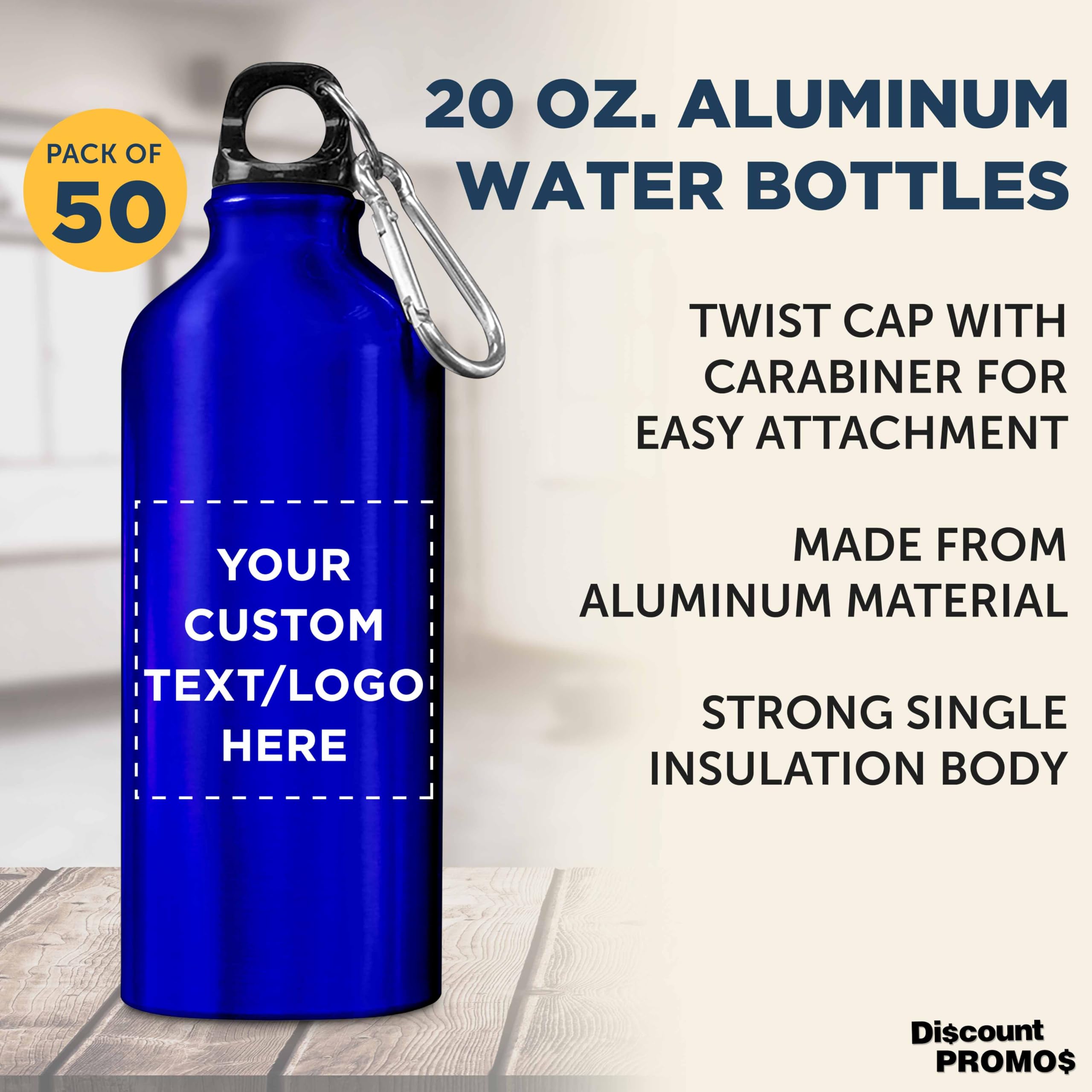 Customized 20 oz Aluminum Water Bottles Bulk Pack of 50 - Personalized Reusable Sports Bottle for Gym, Hiking, Camping & Outdoor Activities - BPA-Free Eco-Friendly Drinkware - Great for Corporate Gifts, Team Events & Promotions (Blue)