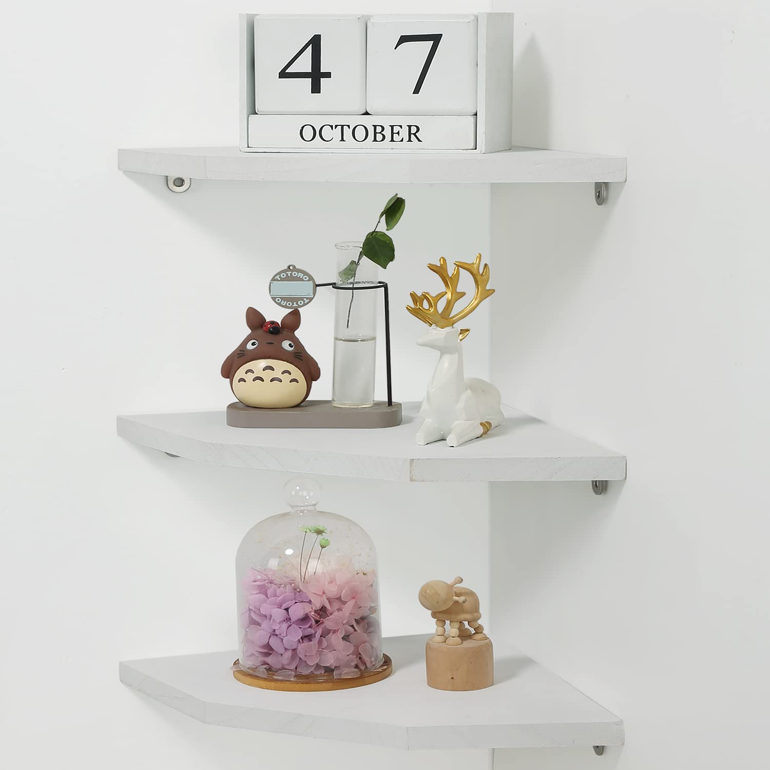 Joiishom 3-Piece Corner Wall Shelf Set - Floating Rustic Wood Shelves for Living Room, Bedroom, Bathroom & Kitchen - Wall Storage & Display Shelves (Fan-Shaped, White) - Perfect for Small Spaces, Home Decor & Organizing Essentials