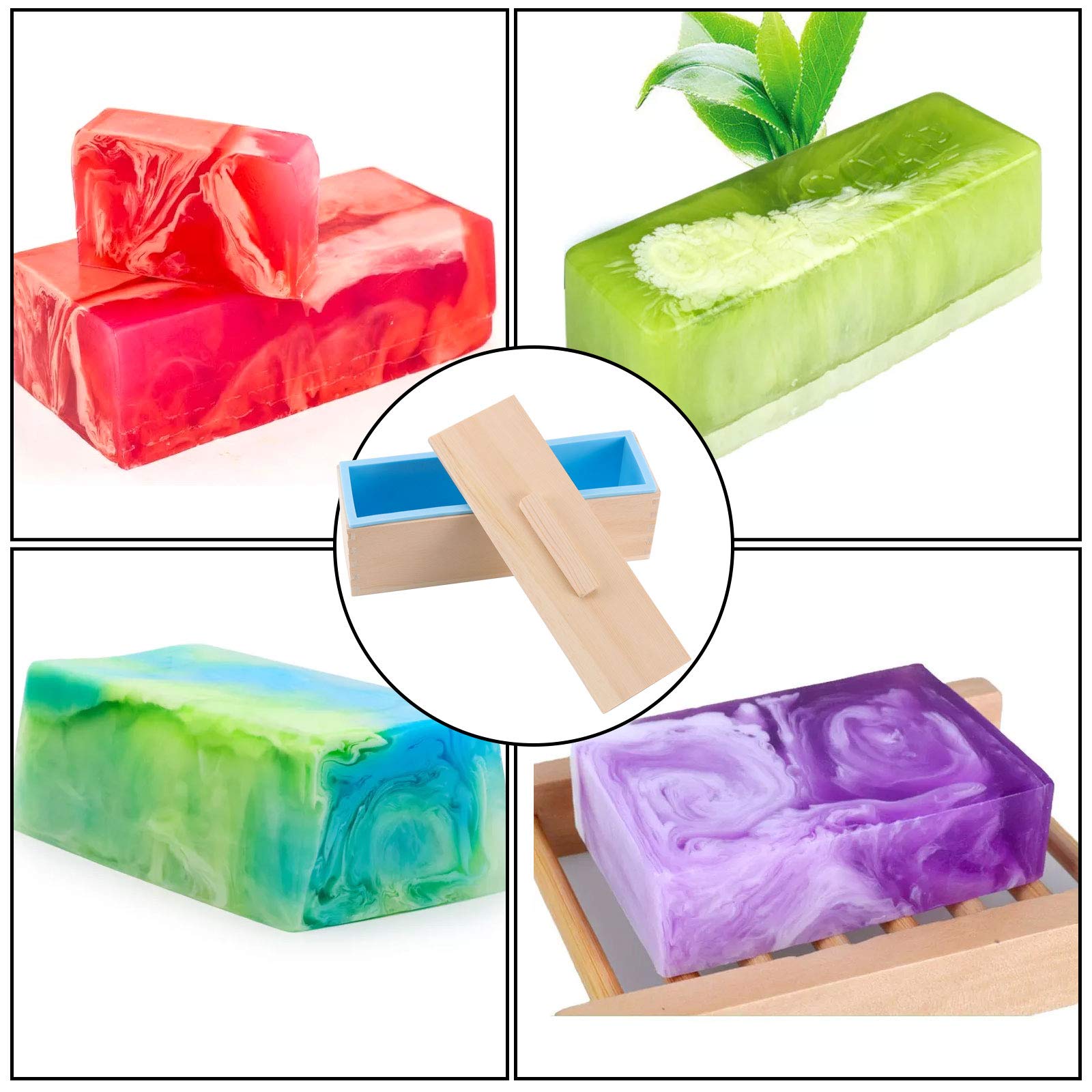 3-Piece 45 Oz Blue Silicone Soap Molds Set - Flexible Rectangular Loaf Soap Making Molds with Wooden Box & Cover - DIY Handmade Soap Supplies for Home, Gifts & Bathroom Decor