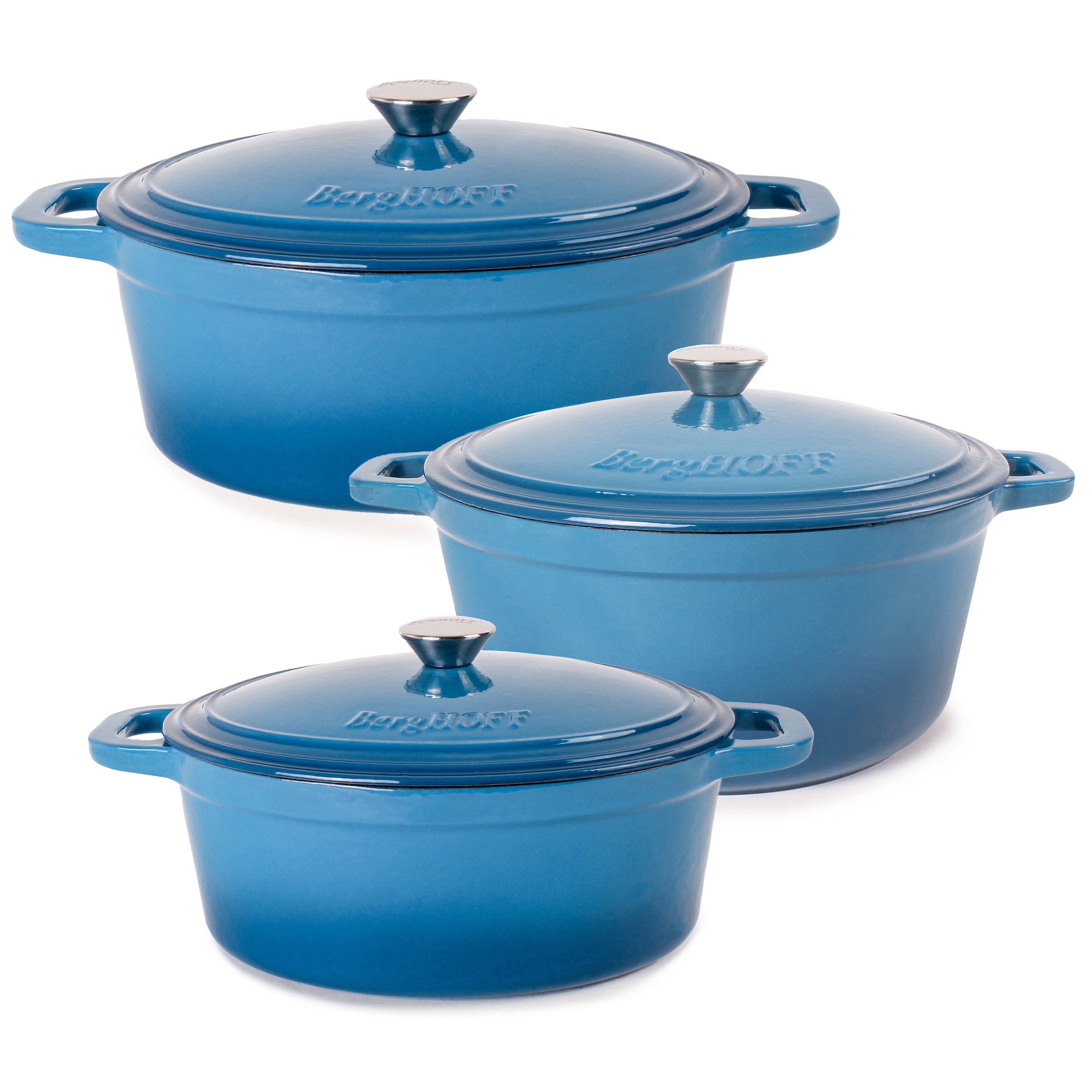 BergHOFF Neo 6-Piece Cast Iron Dutch Oven Cookware Set with Lids - Blue Enameled Pot for Braising, Stewing & Baking - Perfect for Stovetop, Oven & Camping Cooking