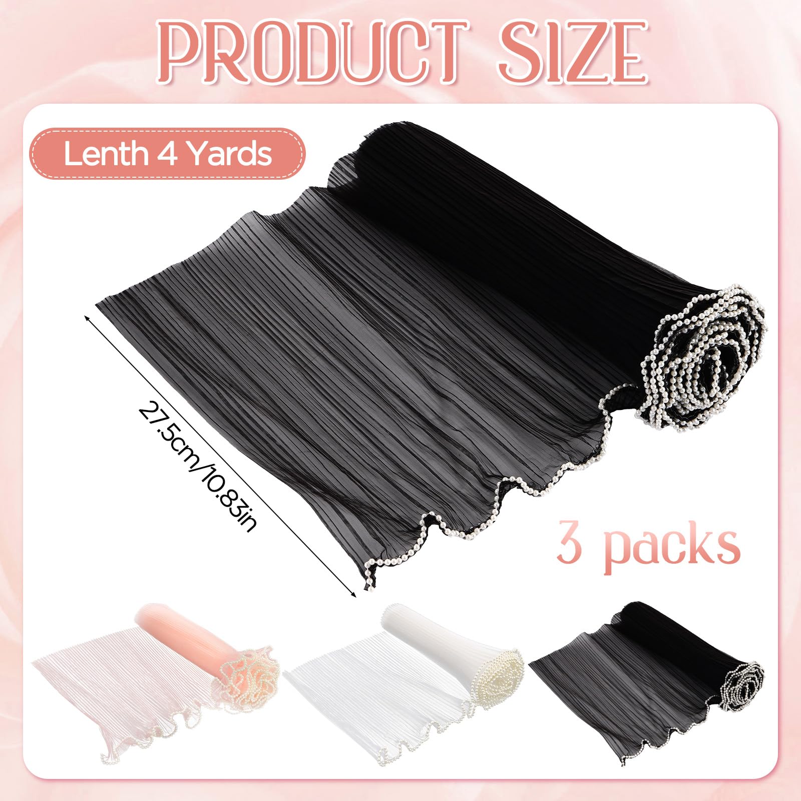 3 Pack Pearl Edge Bouquet Wrapping Paper - Korean Floral Mesh Net with Wrinkle Wave Design for Wedding, Anniversary & Birthday Flowers (White, Pink, Black) 4.37 Yards - Perfect for DIY Floral Arrangements, Gift Wrapping & Event Decorations