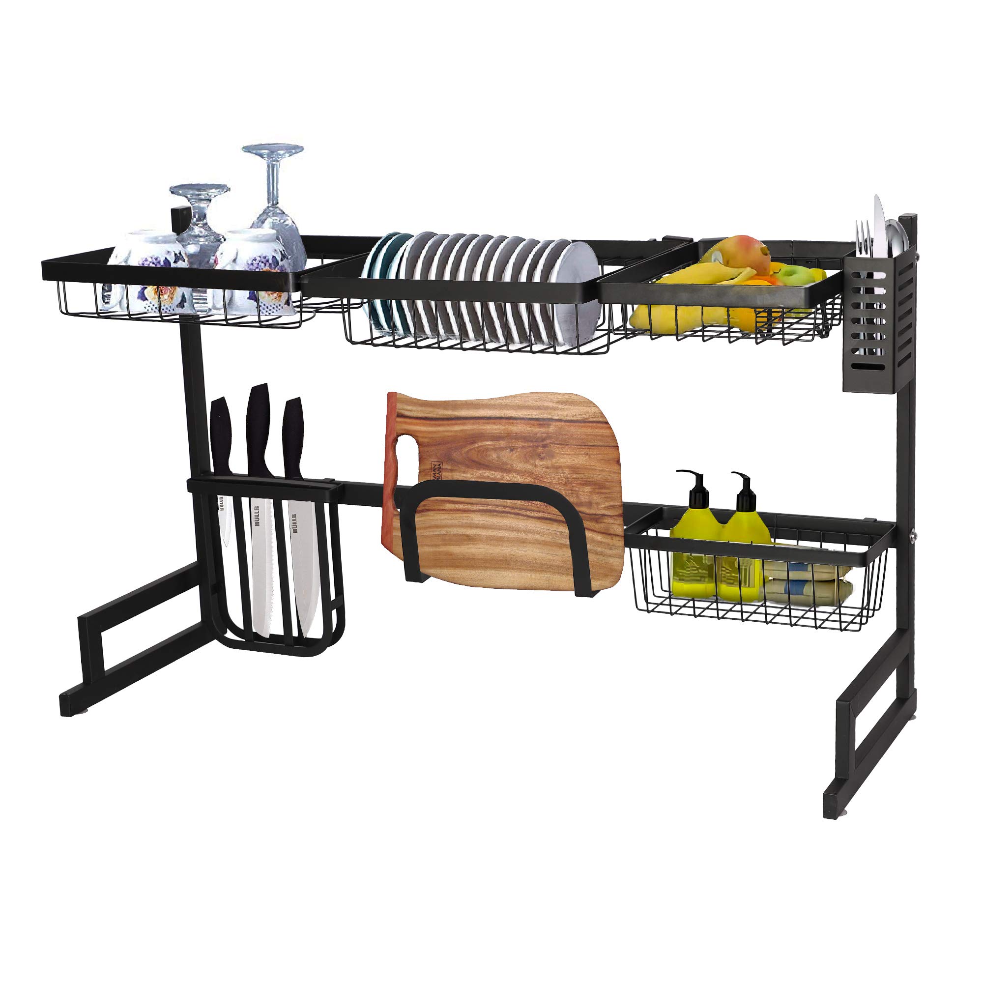 Stainless Steel 2-Tier Over The Sink Dish Drying Rack with Cutting Board & Sponge Holder - Space Saving Kitchen Counter Organizer for Dishes, Utensils & Sponges - Perfect for Small Kitchens, Apartments & RV Use (Black)