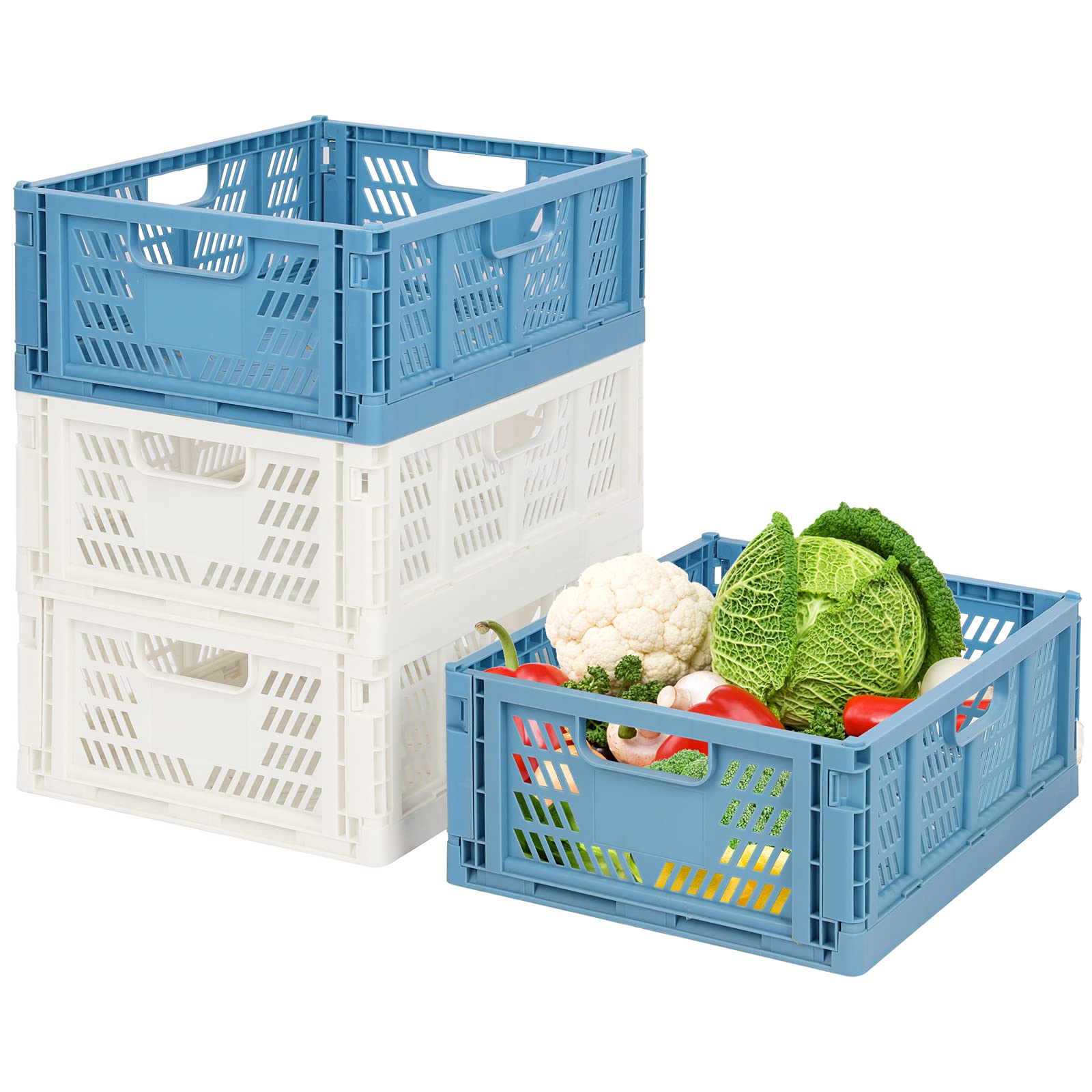 2-Pack Blue & White Plastic Storage Baskets - Foldable Stackable Organizer Crates for Home, Office, Kitchen | Perfect for Closet, Shelf, Drawer, Food, Fruit, Bottle & Book Storage | Collapsible Space-Saving Container Solution