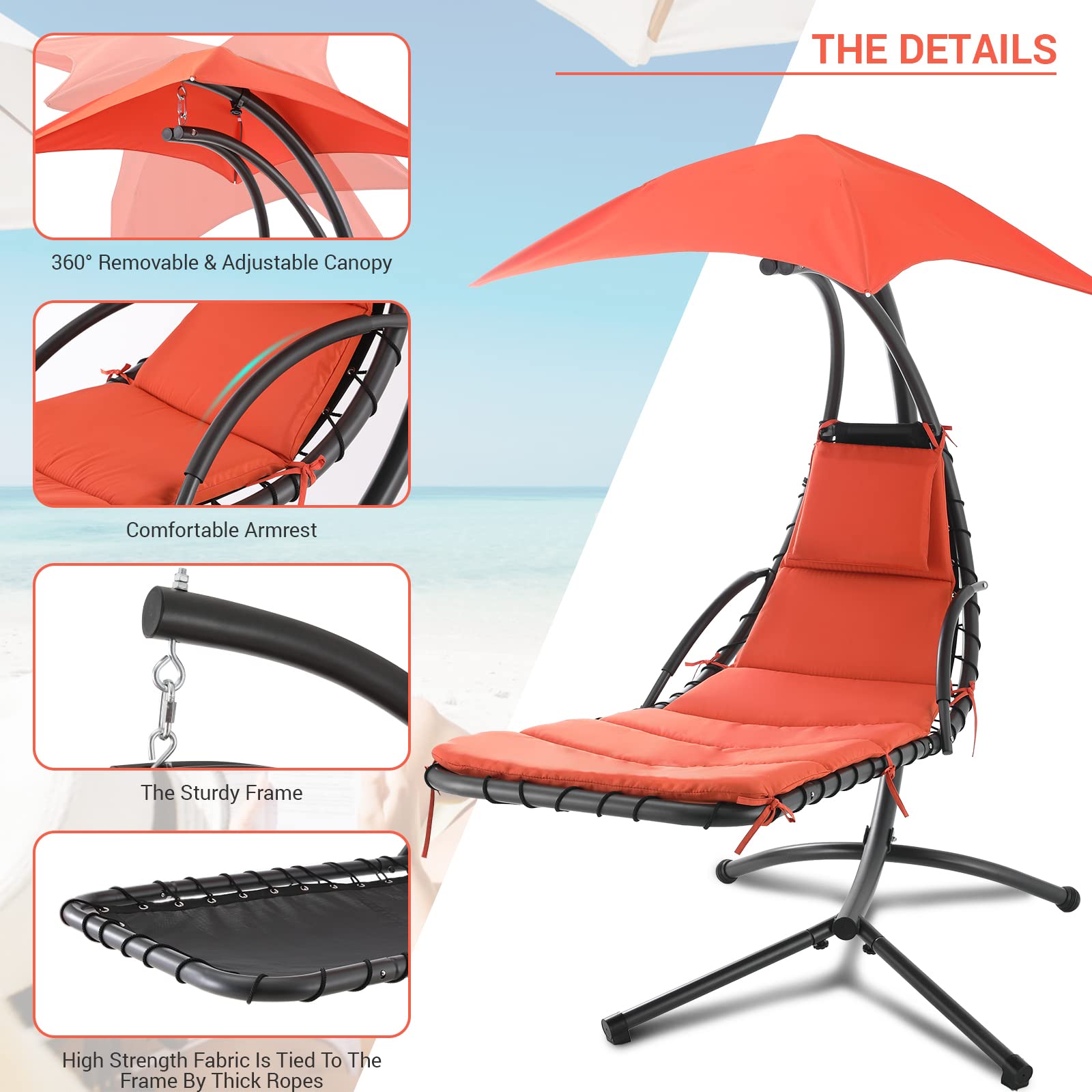 Adjustable Outdoor Patio Hanging Chaise Lounge Chair with Arc Stand - Floating Curved Hammock with Air Porch Stand, Built-in Pillow & Removable Canopy - Perfect for Backyard, Garden, Poolside & Indoor Relaxation - Orange (SAB-OT-001)