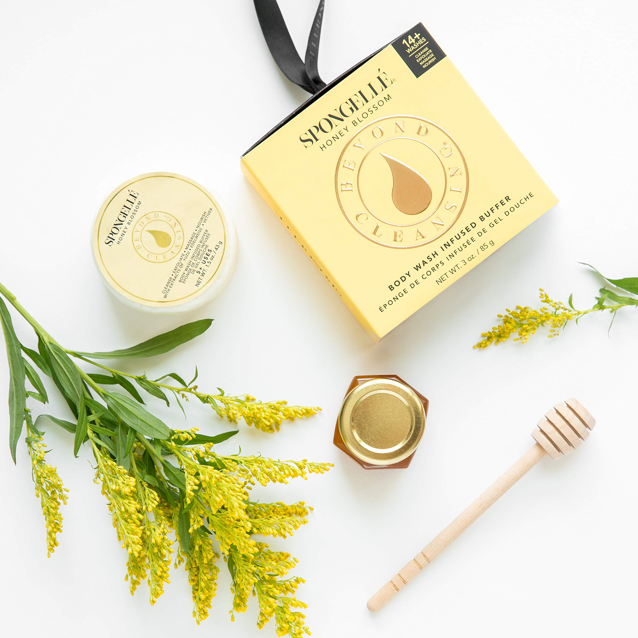 Spongelle Travel Size Body Wash Infused Buffer - Honey Blossom Scent | Exfoliating Shower Sponge for Soft Skin | Perfect for Travel, Gym & Daily Shower Routine