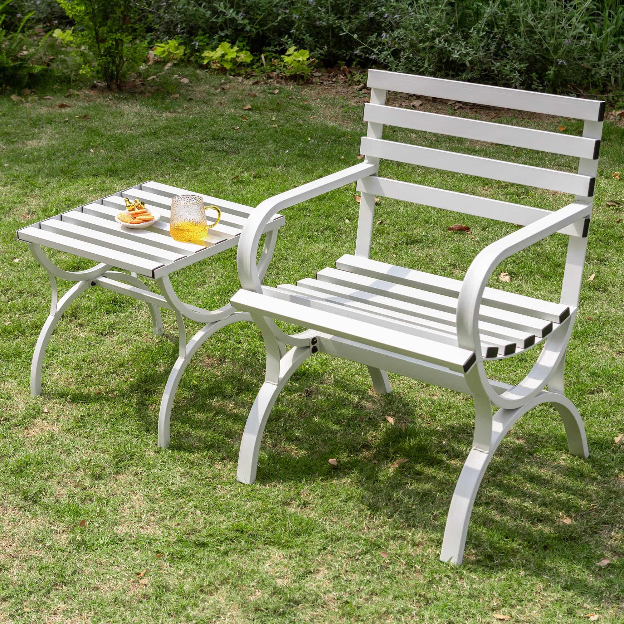Sophia & William Outdoor Metal Garden Bench with Side Table - Steel Frame Patio Chair with Backrest & Armrests for Porch, Yard, Lawn, Deck - Perfect for Relaxing in White Outdoor Spaces