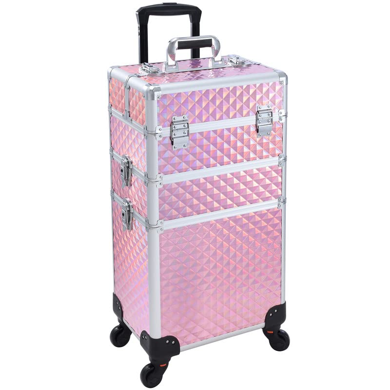 Professional Rolling Makeup Case - 3-in-1 Cosmetic Train Case for Hairstylists, Nail Technicians & Artists - Pink Travel Beauty Organizer with Wheels - Perfect for Salon, Mobile Services & Travel