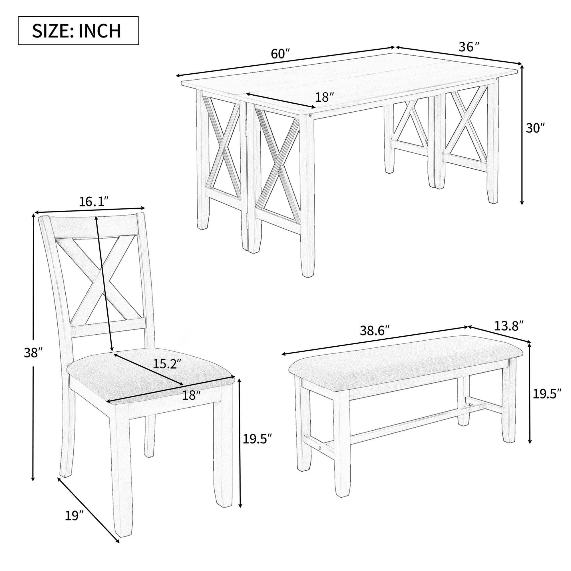 Merax 6-Piece Foldable Solid Wood Dining Set with 4 X-Back Upholstered Chairs and Bench, Grey - Perfect for Kitchen, Dining Room, and Small Spaces