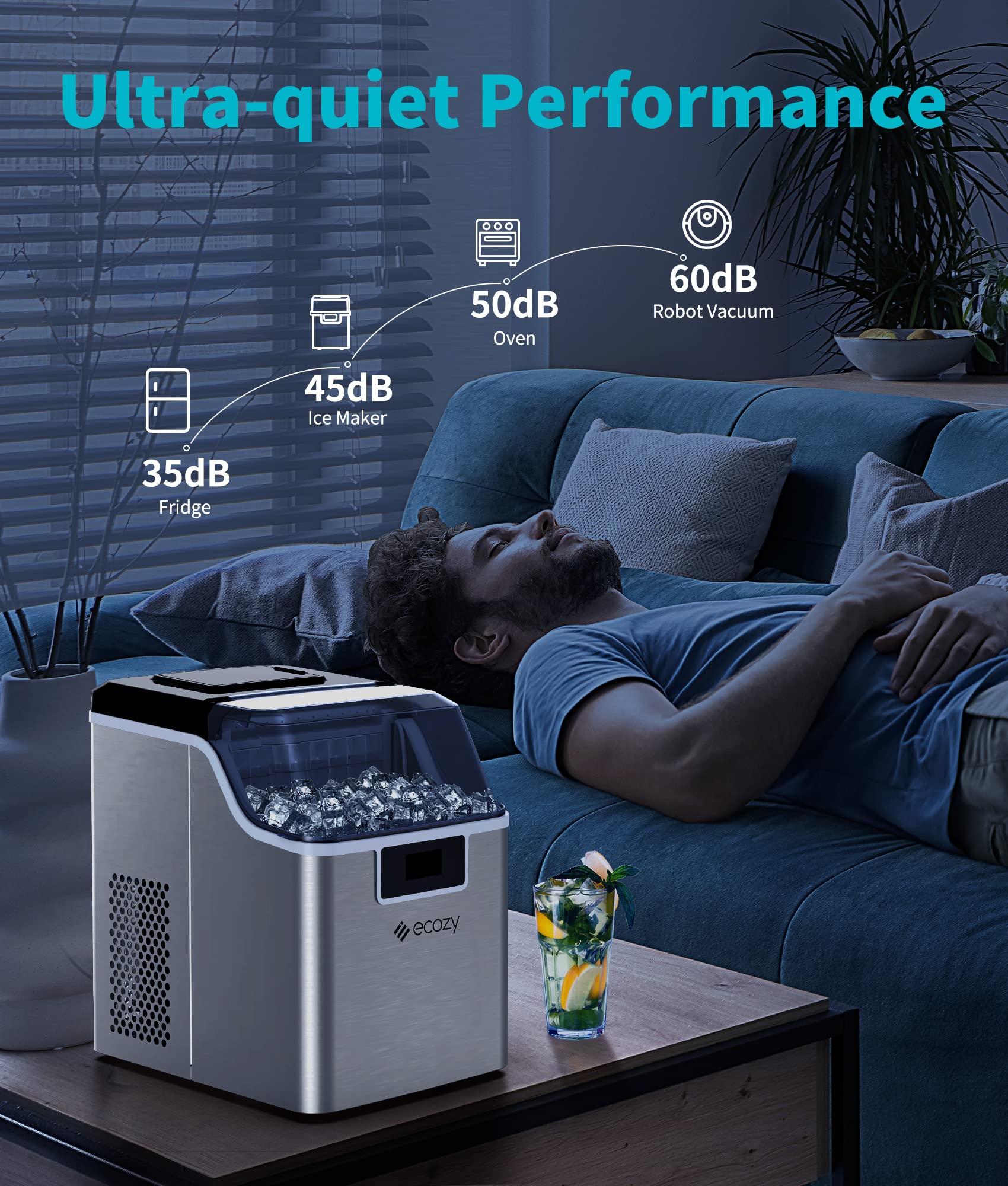 Ecozy Portable Countertop Ice Maker Machine - 45lbs Daily, 24 Cubes in 13 Mins, Stainless Steel, Auto Self-Cleaning with Ice Scoop & Bags - Perfect for Kitchen, Office, Bar, RV, Camping & Parties
