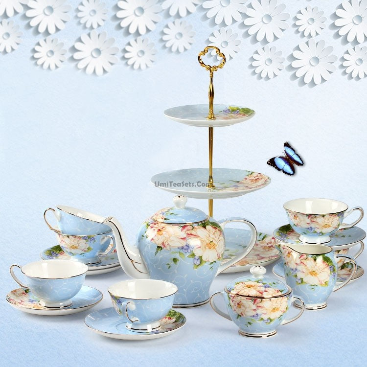 Elegant Porcelain Afternoon Tea Set - 16-Piece Floral Bone China Tea Service with Teapot, Cups & Saucers - Perfect for English Tea Parties, Bridal Showers & Garden Gatherings