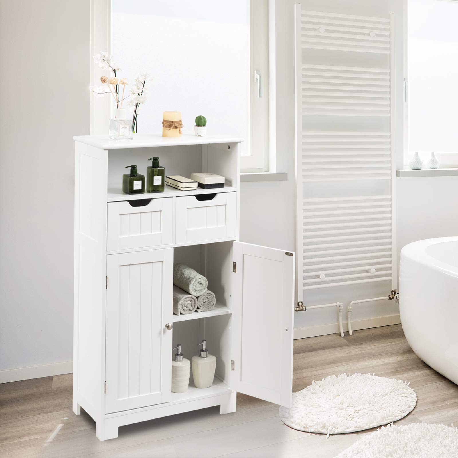 GLACER Multifunctional Floor Storage Cabinet with Removable Drawers & Adjustable Shelf - White Bathroom Organizer for Living Room, Kitchen, Entryway (24