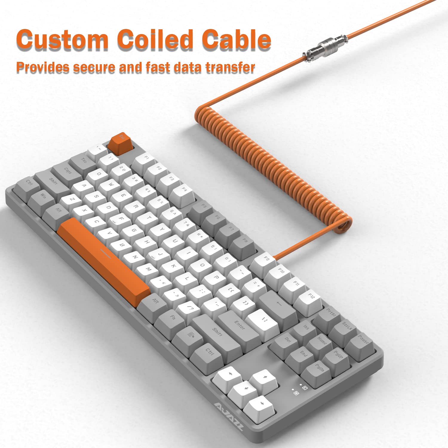 A.JAZZ AK873 87-Key Wired Mechanical Gaming Keyboard - RGB Backlit, Hot-Swappable Blue Switches, NKRO, Gasket Mount, Custom Coiled Aviator Cable - Compatible with Windows/Mac/PC/Laptop (Gray White Orange) - Perfect for Competitive Gaming, Office Work & Typing Enthusiasts