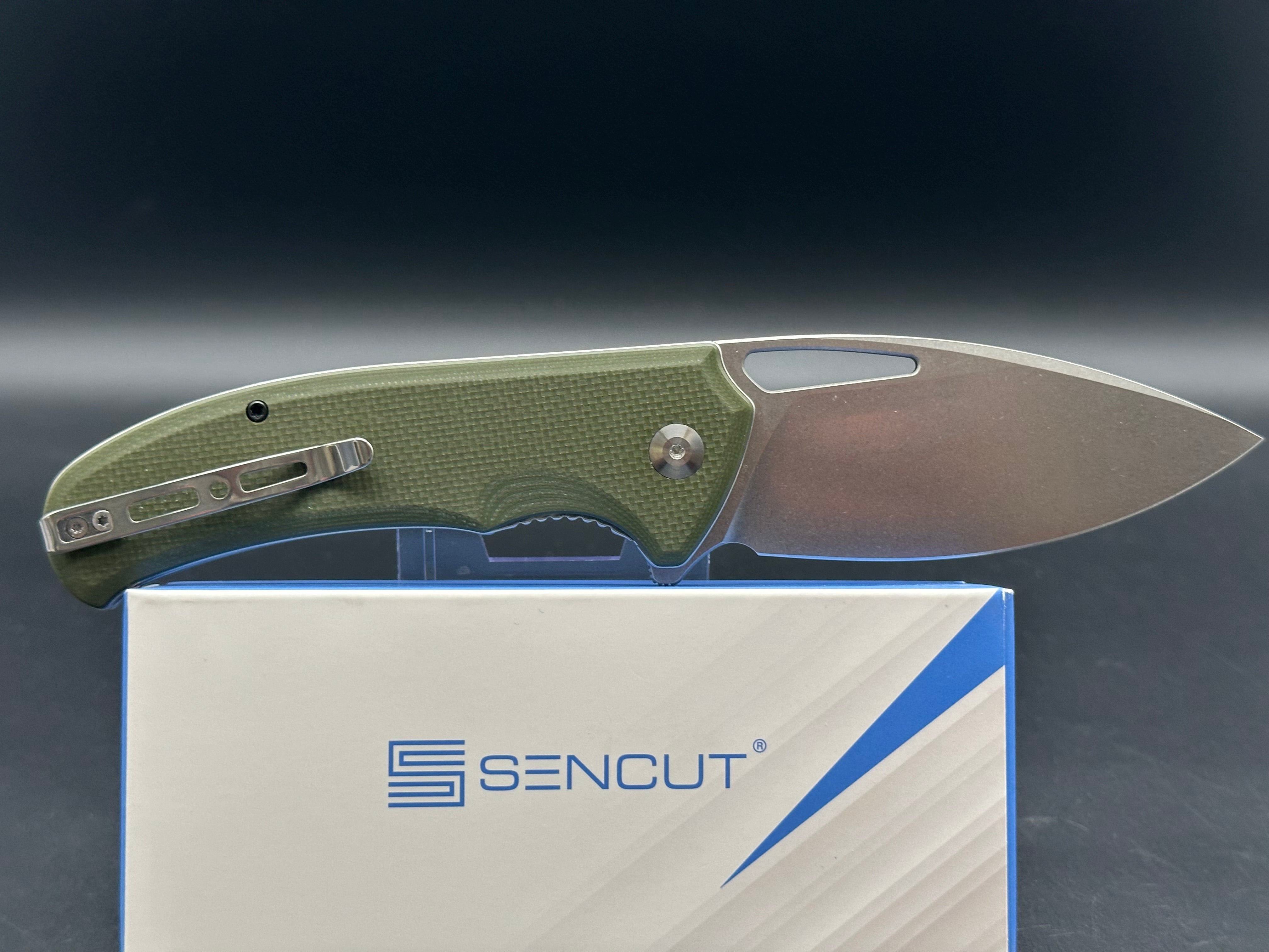 SENCUT PHANTARA Folding Pocket Knife - OD Green G10 Handle, 9CR18MOV Steel Drop Point Plain Satin Blade - EDC, Camping, Hiking & Outdoor Survival Tool