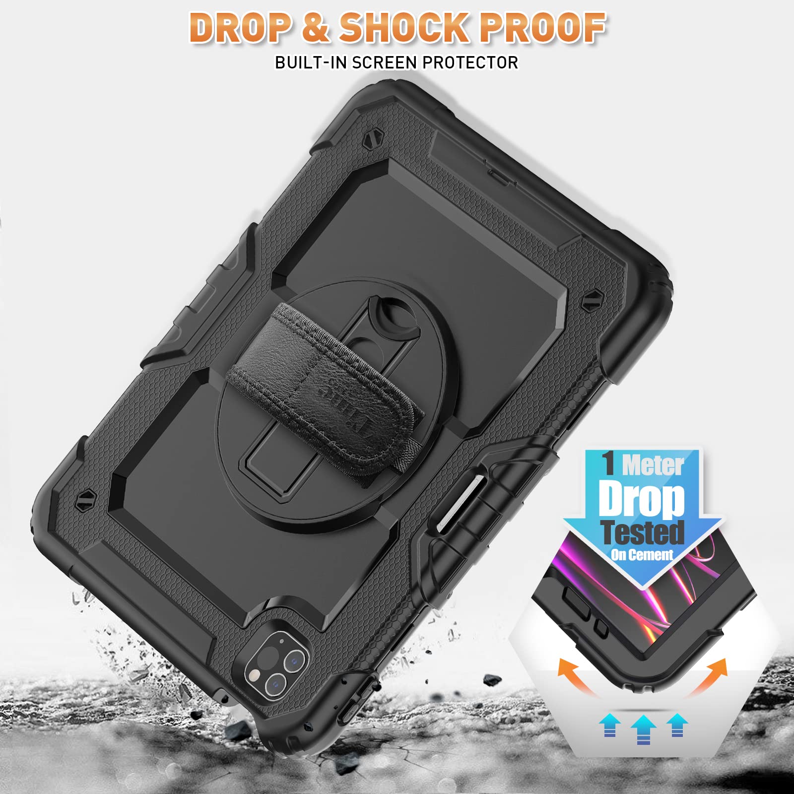 Timecity Heavy Duty Rugged Case for iPad Pro 11 inch (1st-4th Gen) - Shockproof Protective Cover with Built-in Screen Protector, Apple Pencil Holder, 360° Rotating Stand & Handle, Adjustable Shoulder Strap (Black) - Perfect for Work, Travel and Outdoor Adventures