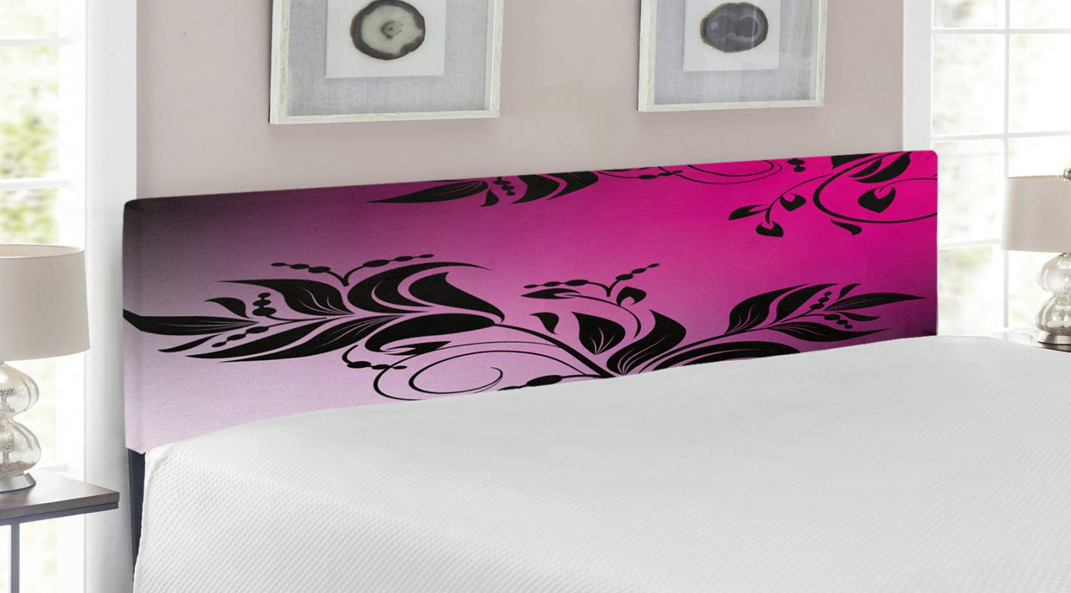 Ambesonne Floral Upholstered Headboard - Victorian Swirl Flower Branch Design in Vibrant Magenta & Black, King Size Memory Foam Bed Headboard for Bedroom Decor | Perfect for Vintage & Fantasy Themed Master Suites