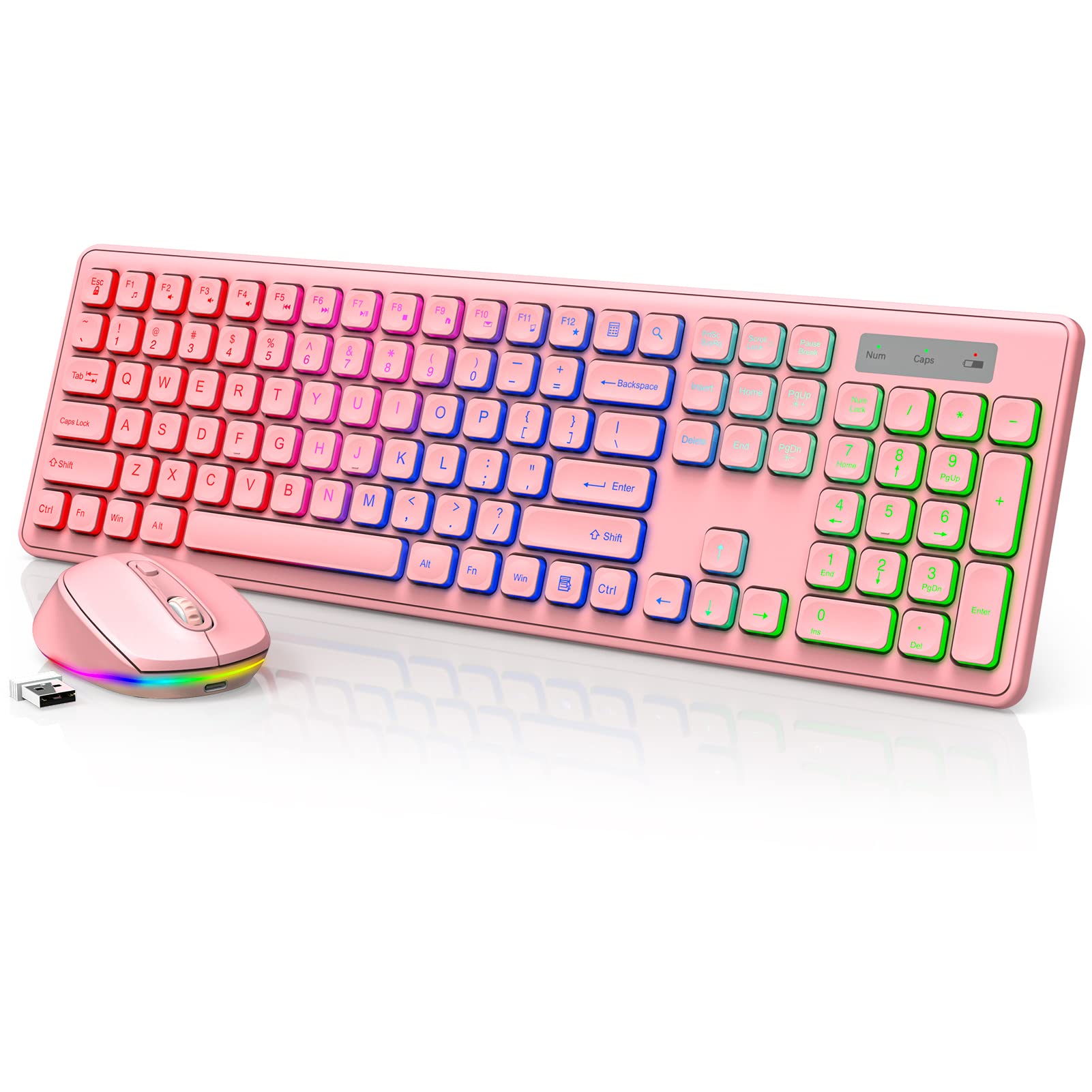 RGB Backlit Wireless Keyboard and Mouse Combo - Rechargeable, Silent, Foldable Design - Full-Size Ergonomic Keyboard with Colorful Lighting for PC, Laptop, Chromebook - Perfect for Gaming, Office Work & Home Use - SABLUTE Pink Edition